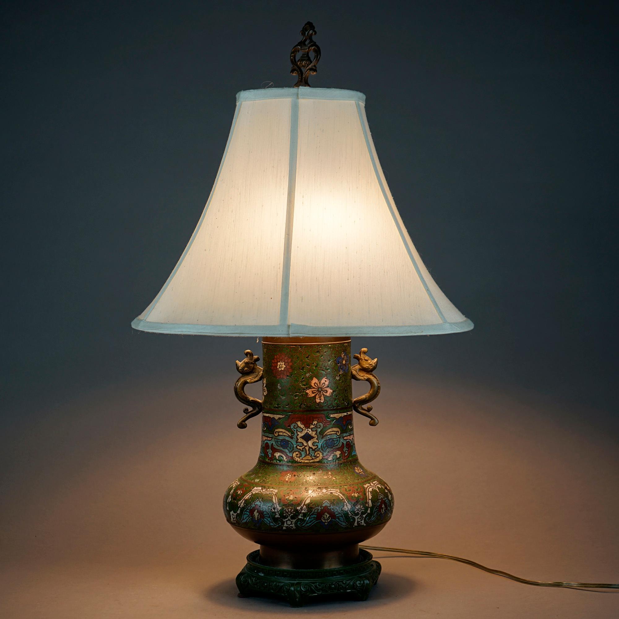 Cloissoné Antique Cloissone Enameled Figural Garden Scene Table Lamp Circa 1920 For Sale
