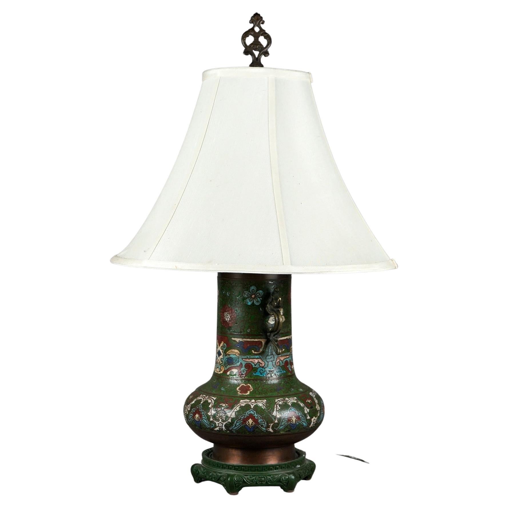 Antique Cloissone Enameled Figural Garden Scene Table Lamp Circa 1920 For Sale