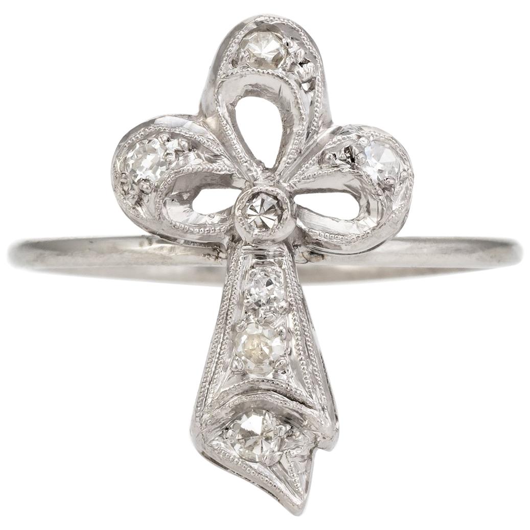 Antique Clover Conversion Ring Art Deco Diamond 14 Karat White Gold Platinum For Sale