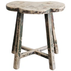 Vintage Clover Elmwood Stool with Green Patina Paint