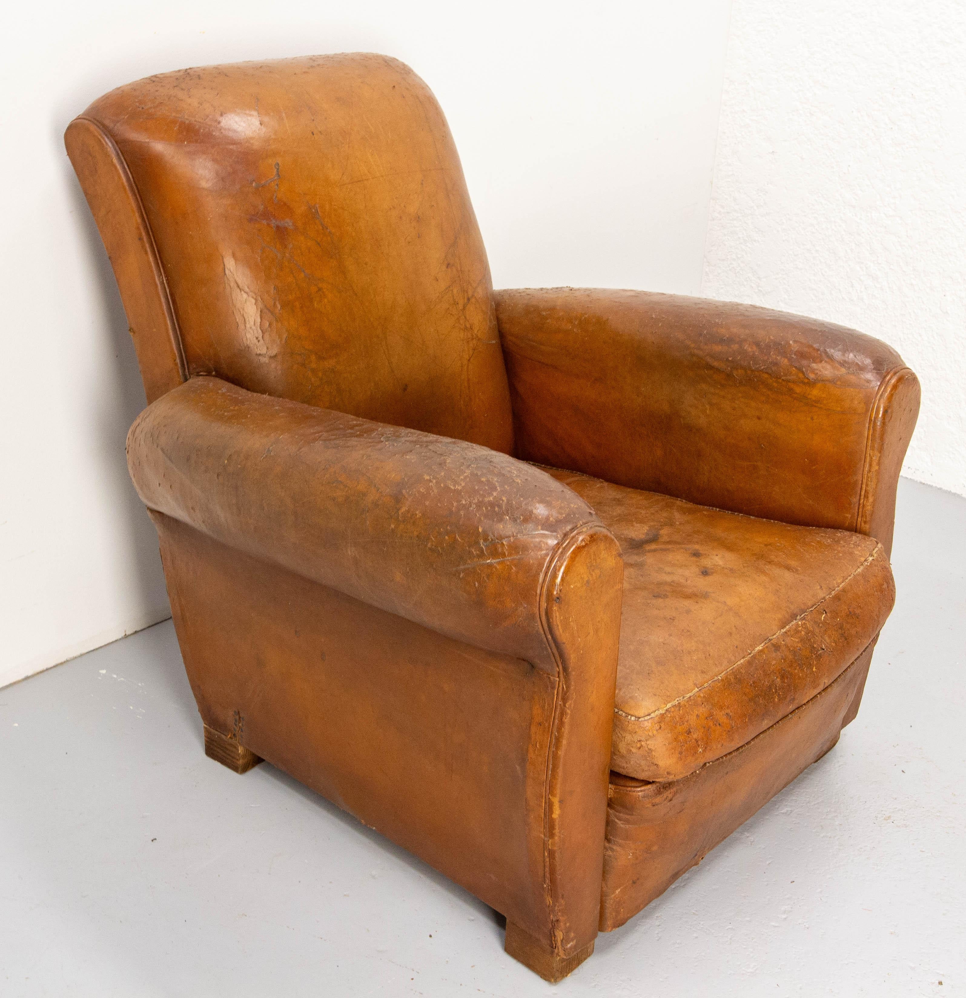 Antique Club Armchair Fauteuil Cognac Leather French or 