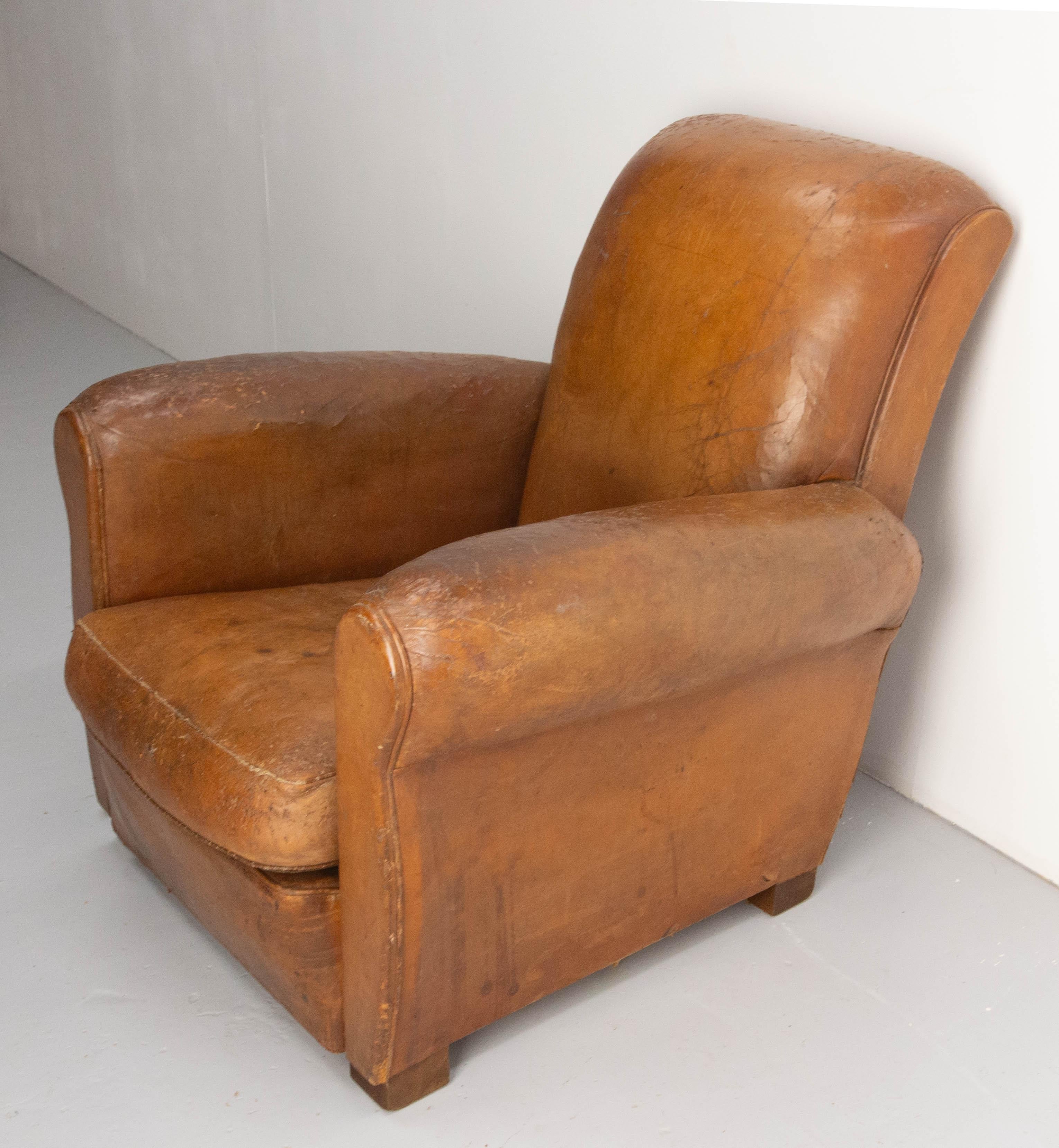 Mid-20th Century Antique Club Armchair Fauteuil Cognac Leather French or 