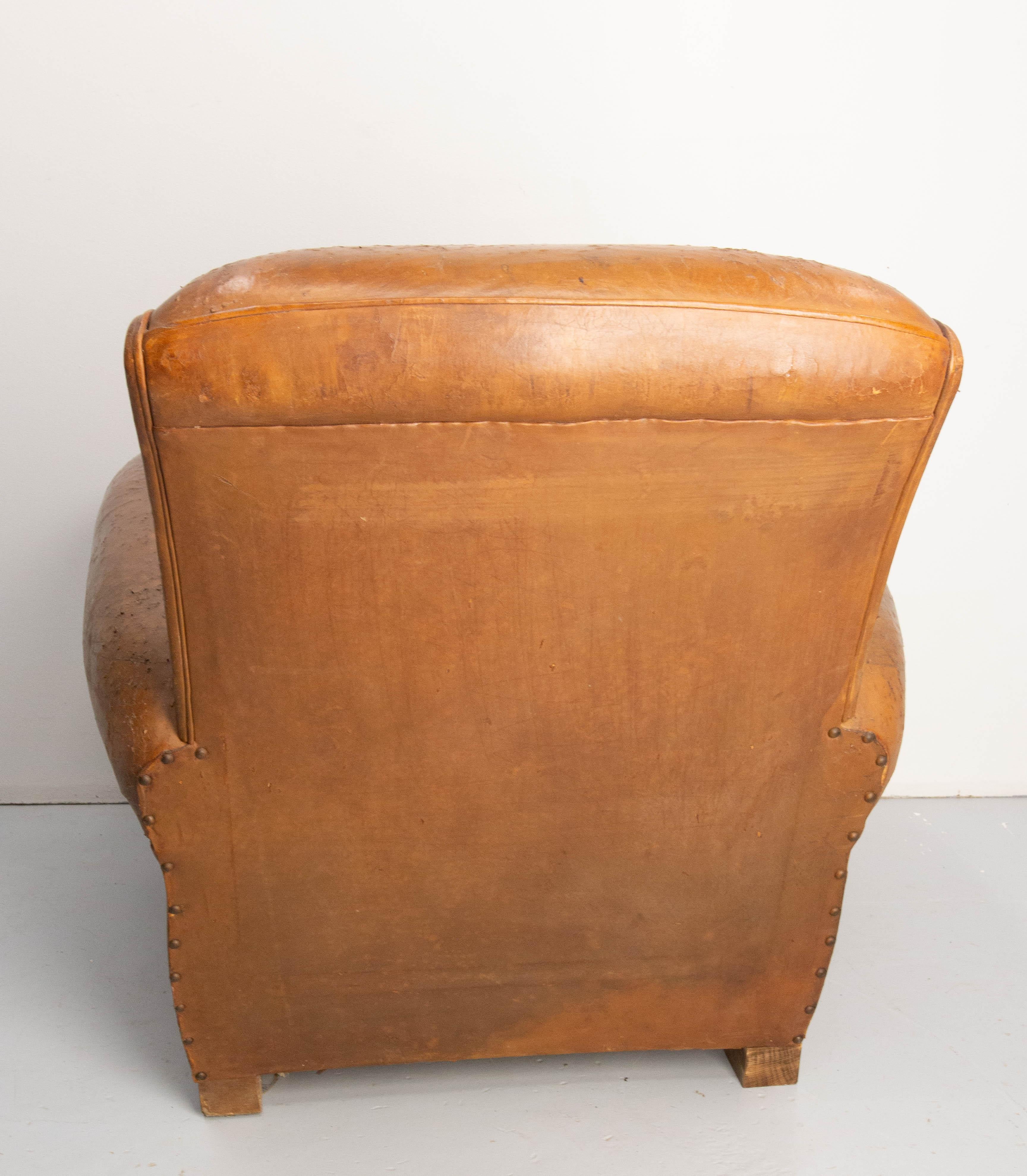Antique Club Armchair Fauteuil Cognac Leather French or 