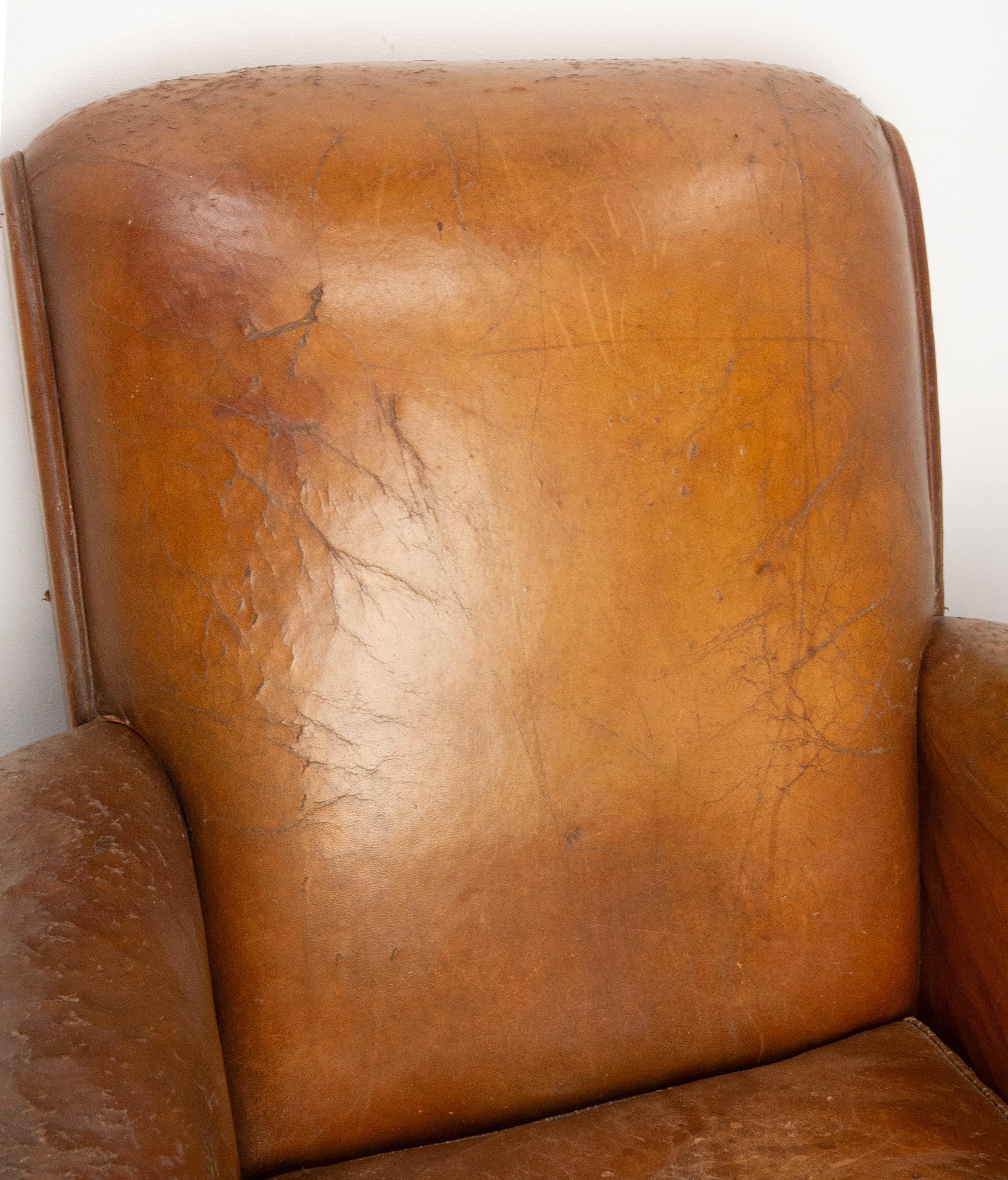 Antique Club Armchair Fauteuil Cognac Leather French or 