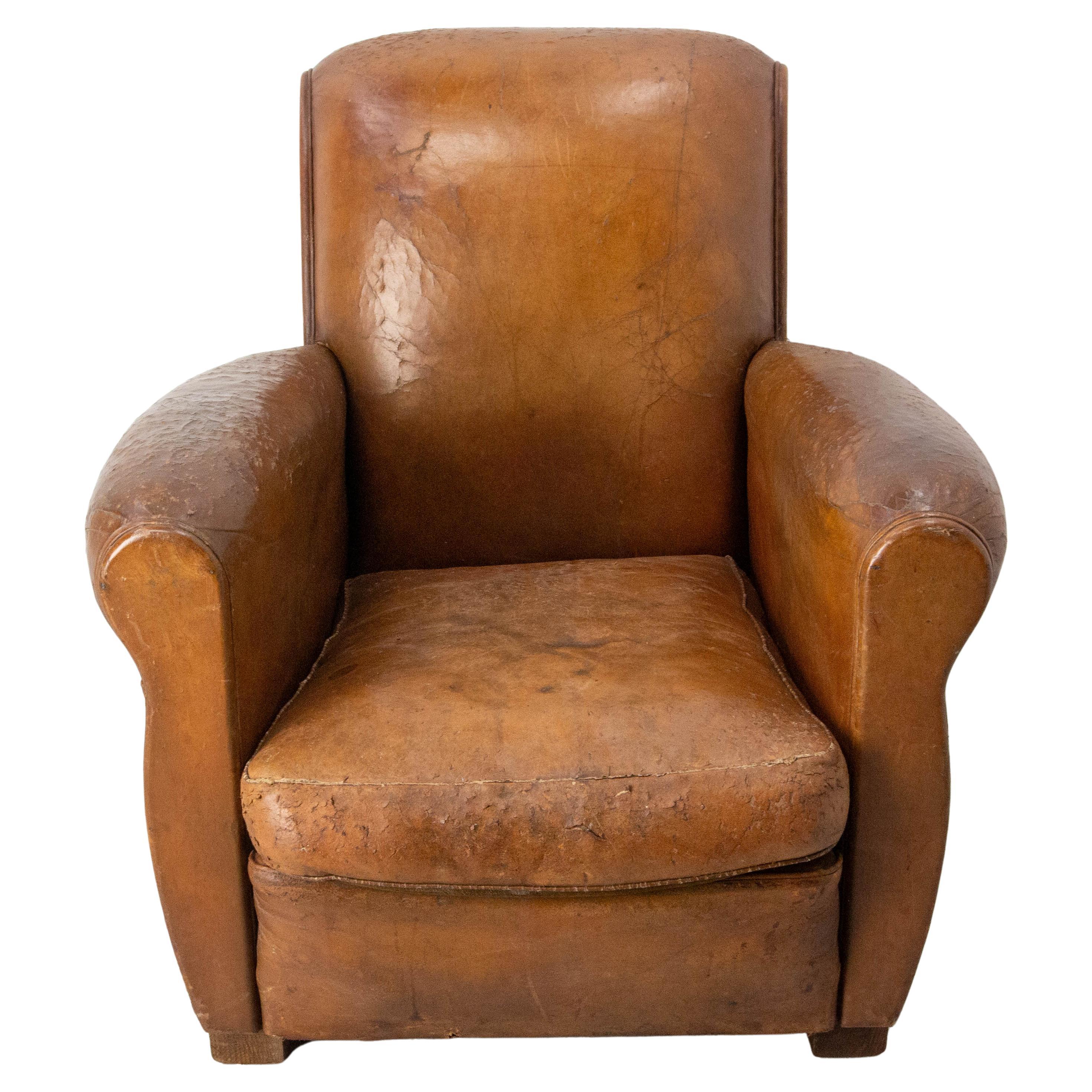 Antique Club Armchair Fauteuil Cognac Leather French or "Cats Chair", circa 1930 For Sale