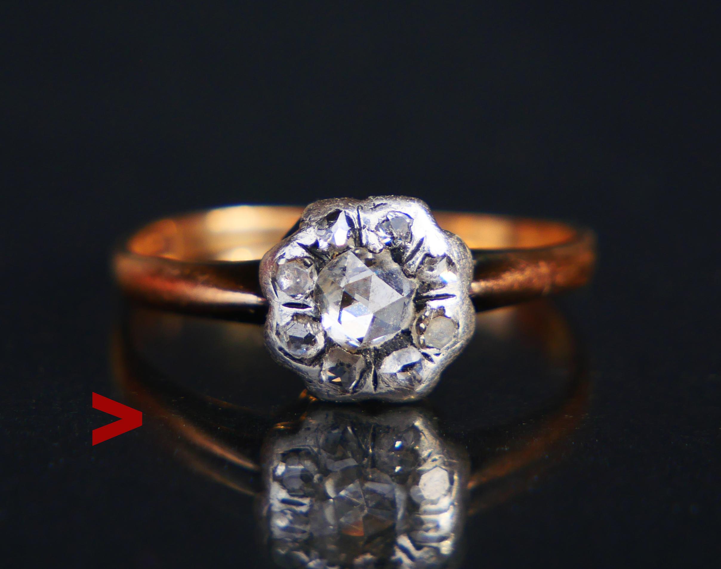 Old ring set with a silver cluster of nine rose-cut diamonds attached to 18K Gold hoop.

Hallmarked 18K , no maker's marks. Made in Europe ca 1900s -1920s

Measurements: crown is Ø 8 mm x 4 mm deep.
All stones have open backs. Largest stone in the
