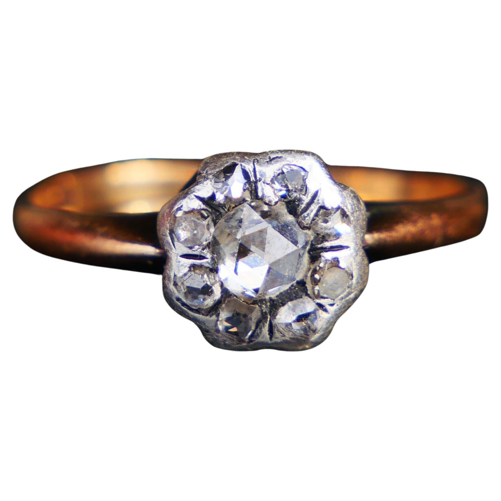 Antiker Cluster Ring 0.5ctw Diamanten 18K Gelbgold Silber Ø US6 /2.2 gr