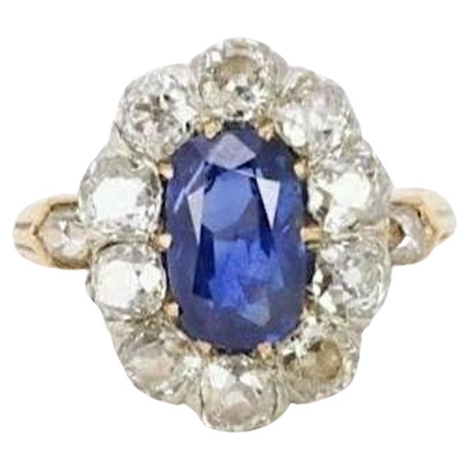 Bague à grappes ancienne en or rose avec saphir coussin et diamants en vente