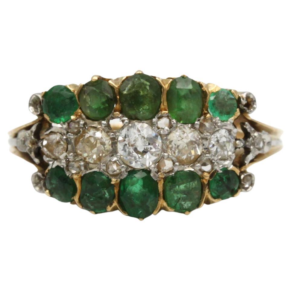 Antique Cluster Ring in Yellow Gold with Emeralds and Old-Cut Diamonds