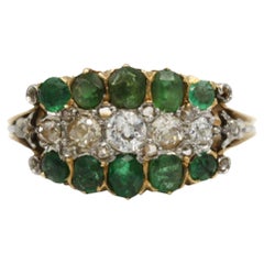 Antique Cluster Ring in Yellow Gold with Emeralds and Old-Cut Diamonds