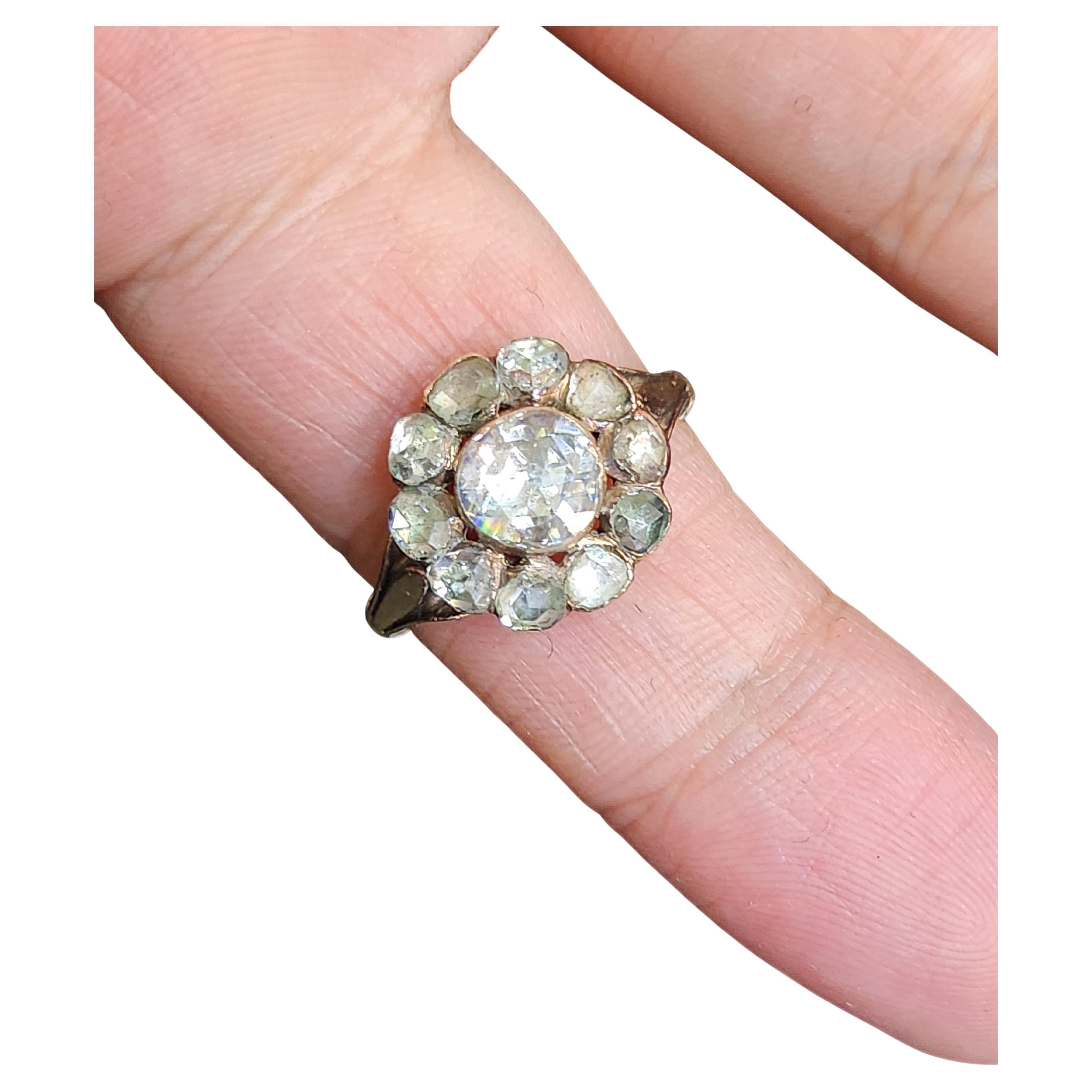 Antique Cluster Rose Cut Diamond Floral Gold Ring For Sale 1