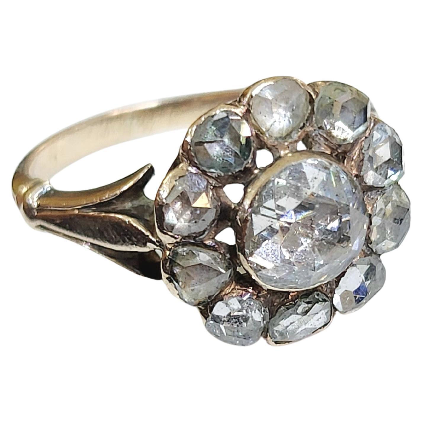 Antique russian 1880s floral ring designe with am estimate rose cut diamond weight 1.60 carats central stone 7mm diameter closed back setting 