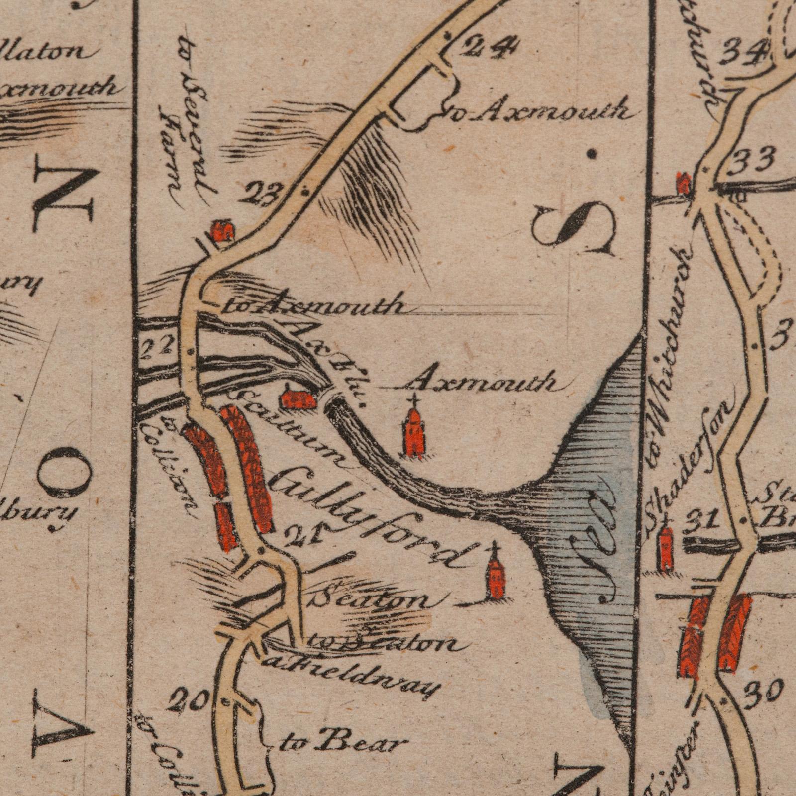 Antike Coach Road Map, East Devon, englisch, gerahmt, Kartografie, georgianisch, 1720 im Angebot 3