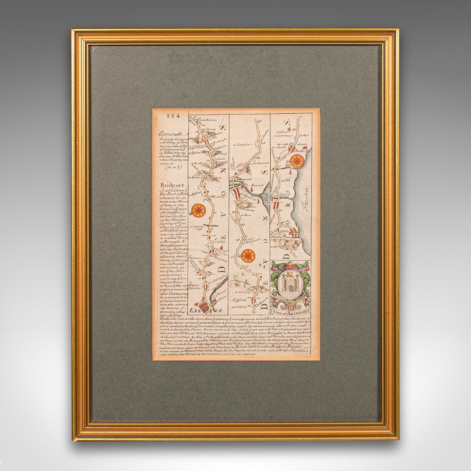 Il s'agit d'une ancienne carte routière de l'East Devon. Gravure lithographique anglaise encadrée d'intérêt régional, datant du début du XVIIIe siècle ou plus tard.

Fascinante cartographie routière du 18e siècle d'Exeter à Bridport
Présente une
