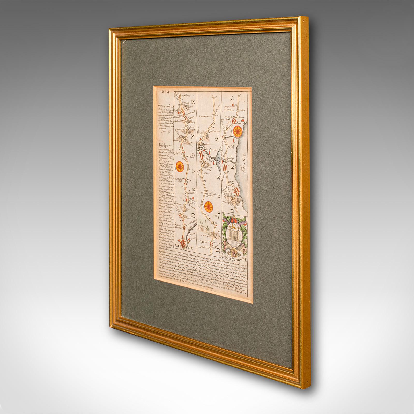 British Antique Coach Road Map, East Devon, English, Framed, Cartography, Georgian, 1720 For Sale