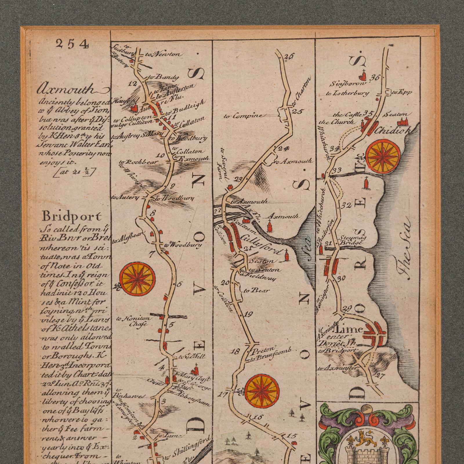 Britannique Antique Coach Road Map, East Devon, English, Framed, Cartography, Georgian, 1720 en vente
