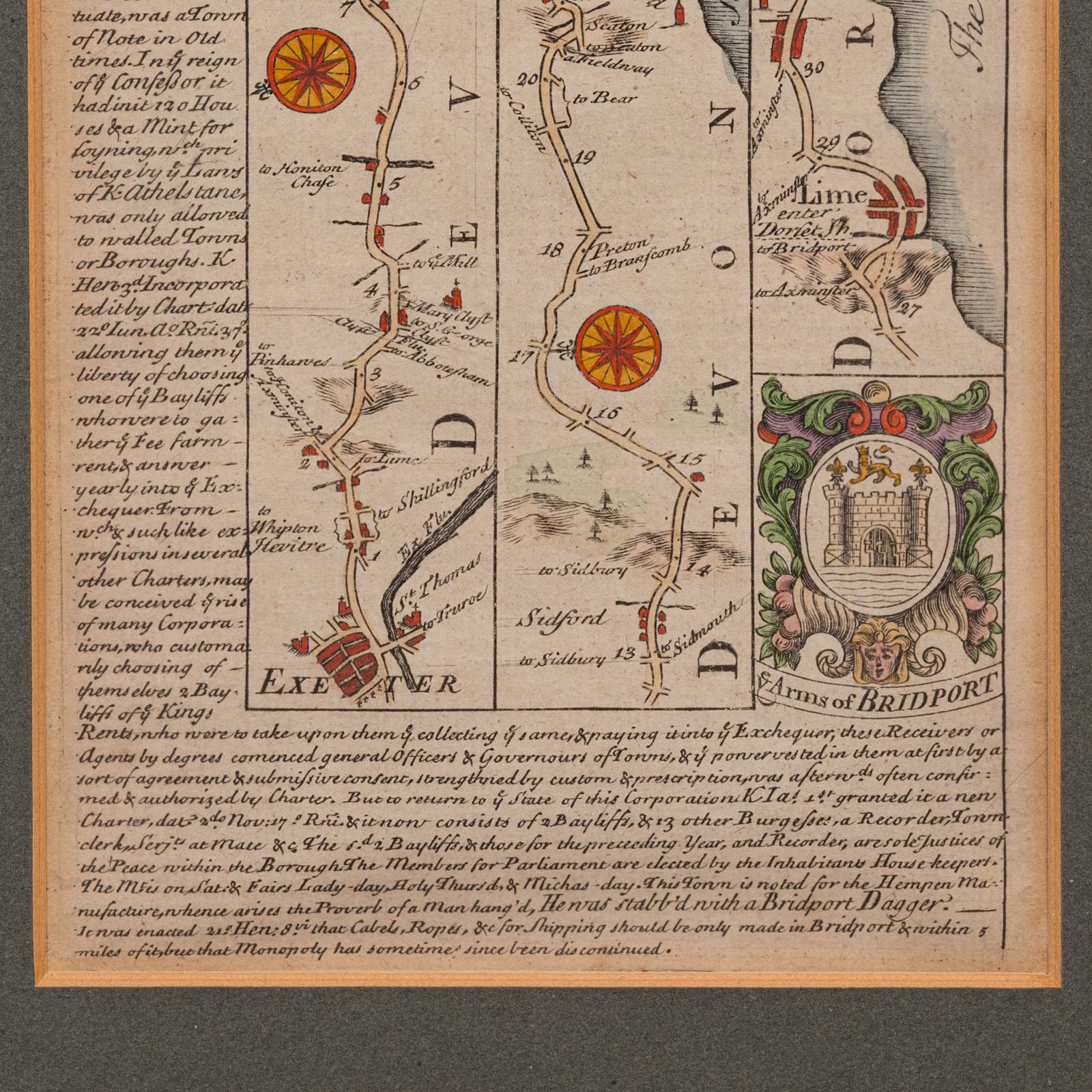 Antike Coach Road Map, East Devon, englisch, gerahmt, Kartografie, georgianisch, 1720 im Zustand „Gut“ im Angebot in Hele, Devon, GB