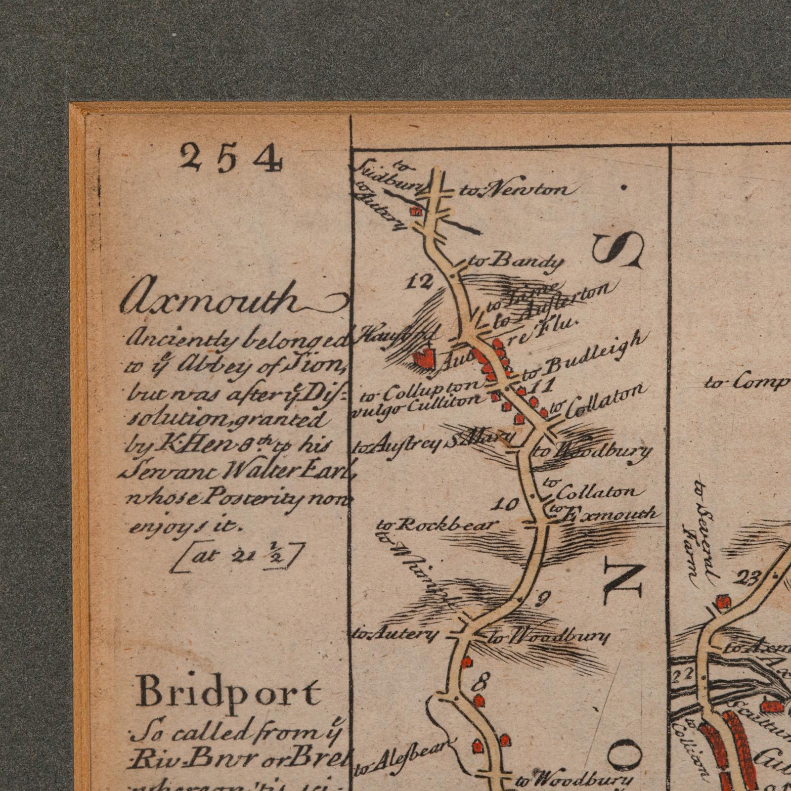 XVIIIe siècle Antique Coach Road Map, East Devon, English, Framed, Cartography, Georgian, 1720 en vente