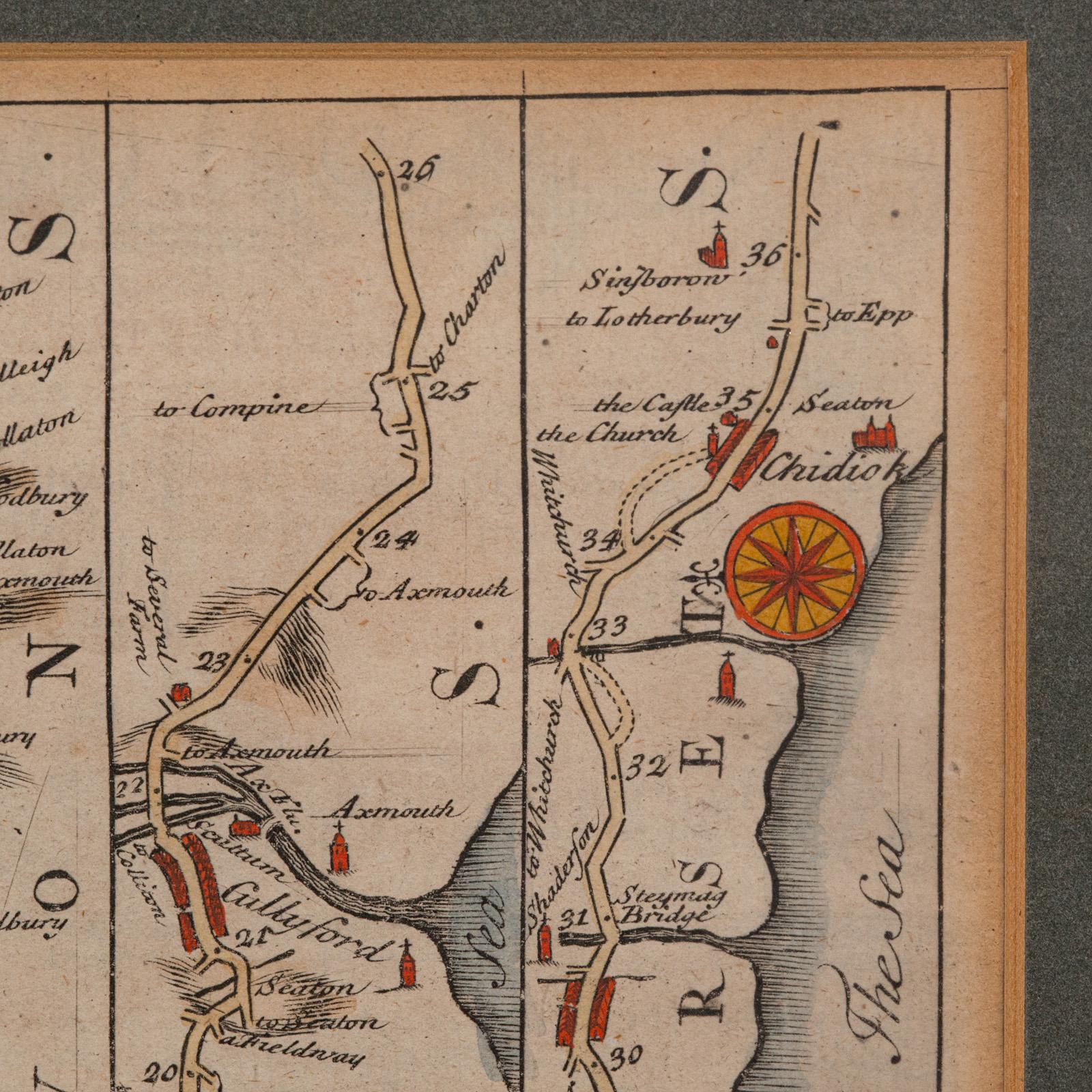 Antike Coach Road Map, East Devon, englisch, gerahmt, Kartografie, georgianisch, 1720 (Holz) im Angebot