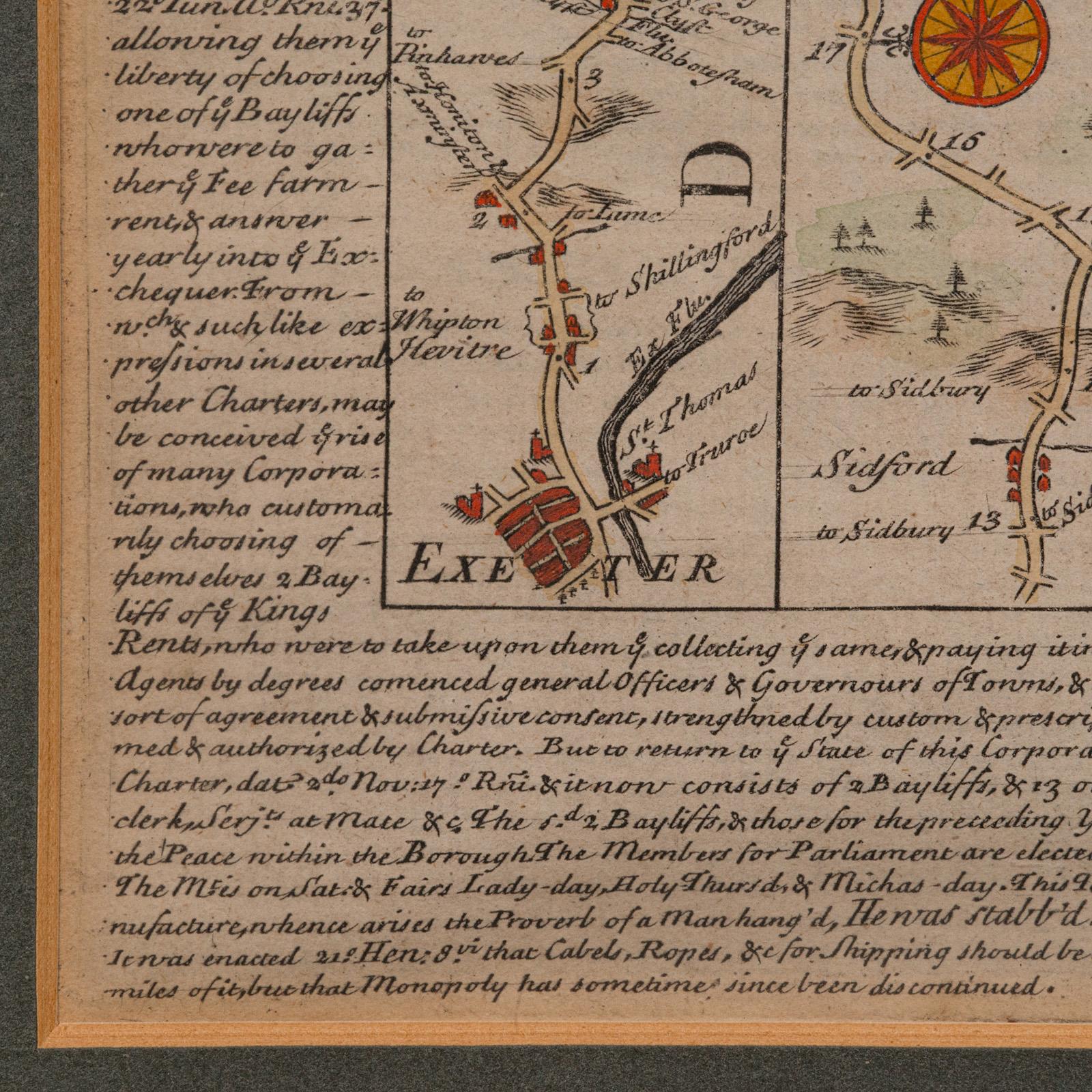 Antique Coach Road Map, East Devon, English, Framed, Cartography, Georgian, 1720 en vente 2