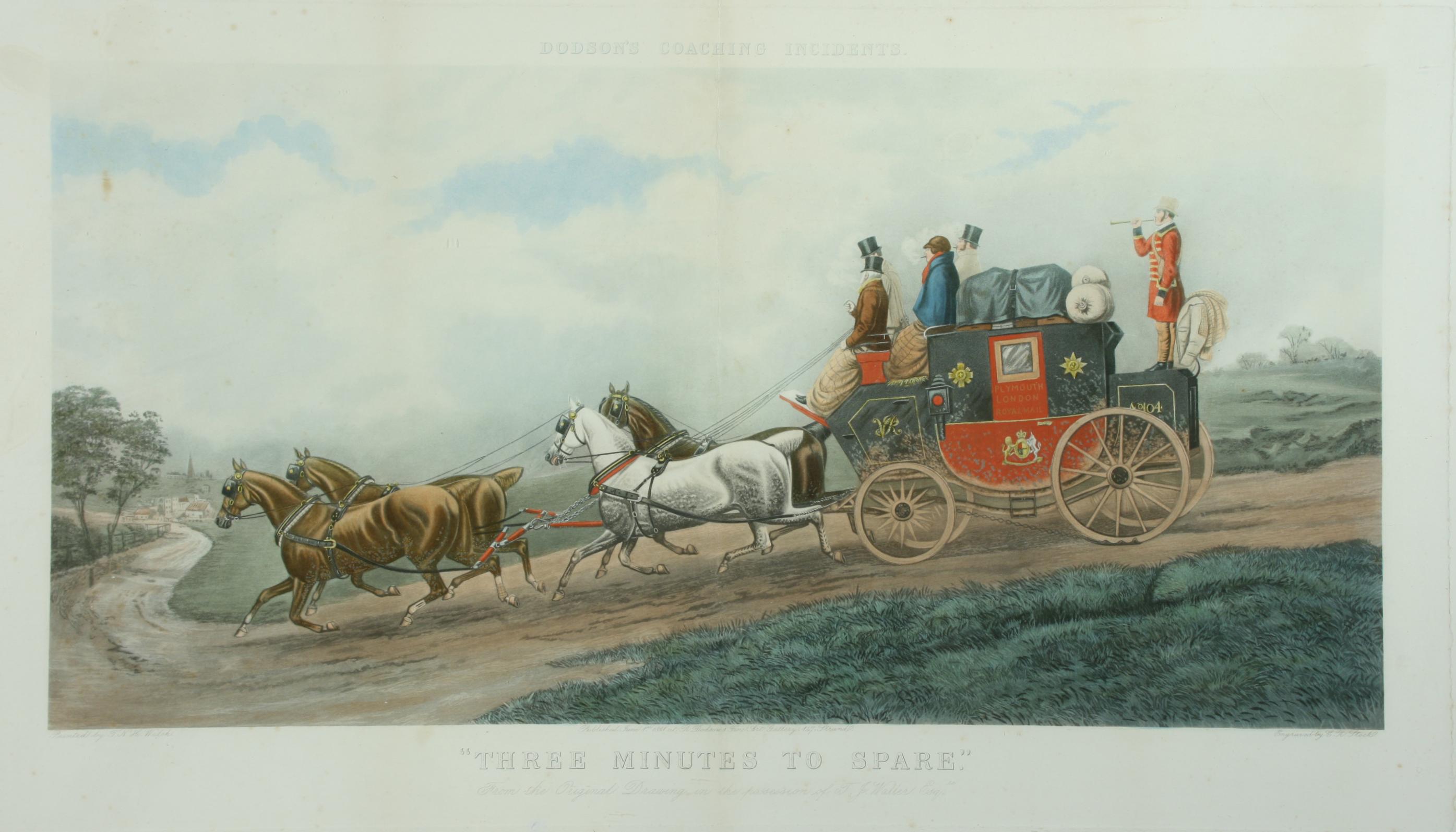 Antique coaching print 'Three Minutes to Spare', T. N. H. Walsh.
A good large colored coaching print 'Dodson's Coaching incidents', 'Three Minutes to Spare' after the painting by T.N.H.Walsh, engraved by C.R.Stock. The picture is framed in a blonde