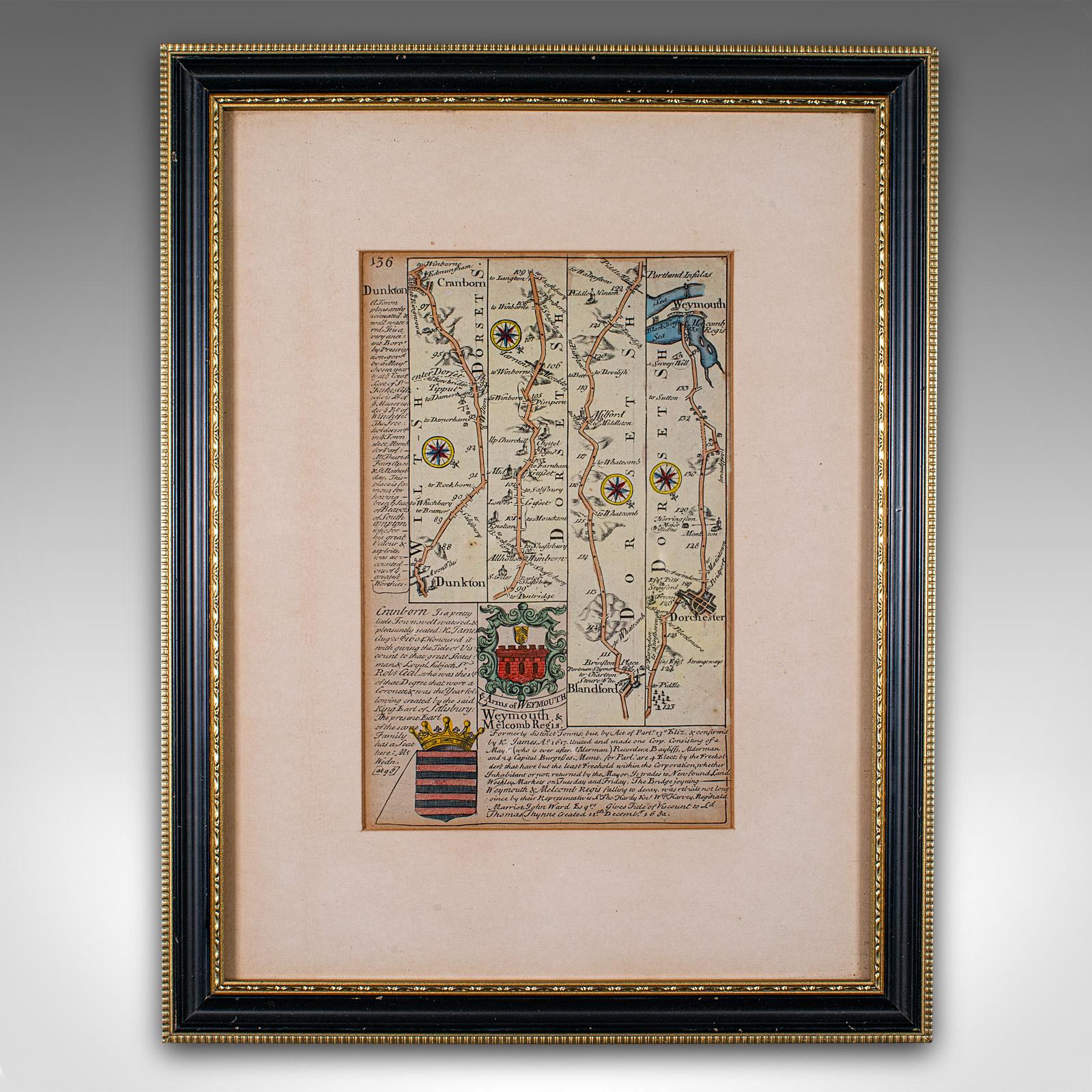 
This is an antique coaching road map of Cranborne to Dorchester. An English, framed lithograph engraving of regional interest with second map to reverse, dating to the mid 18th century and later.

Fascinating 18th century highway cartography by