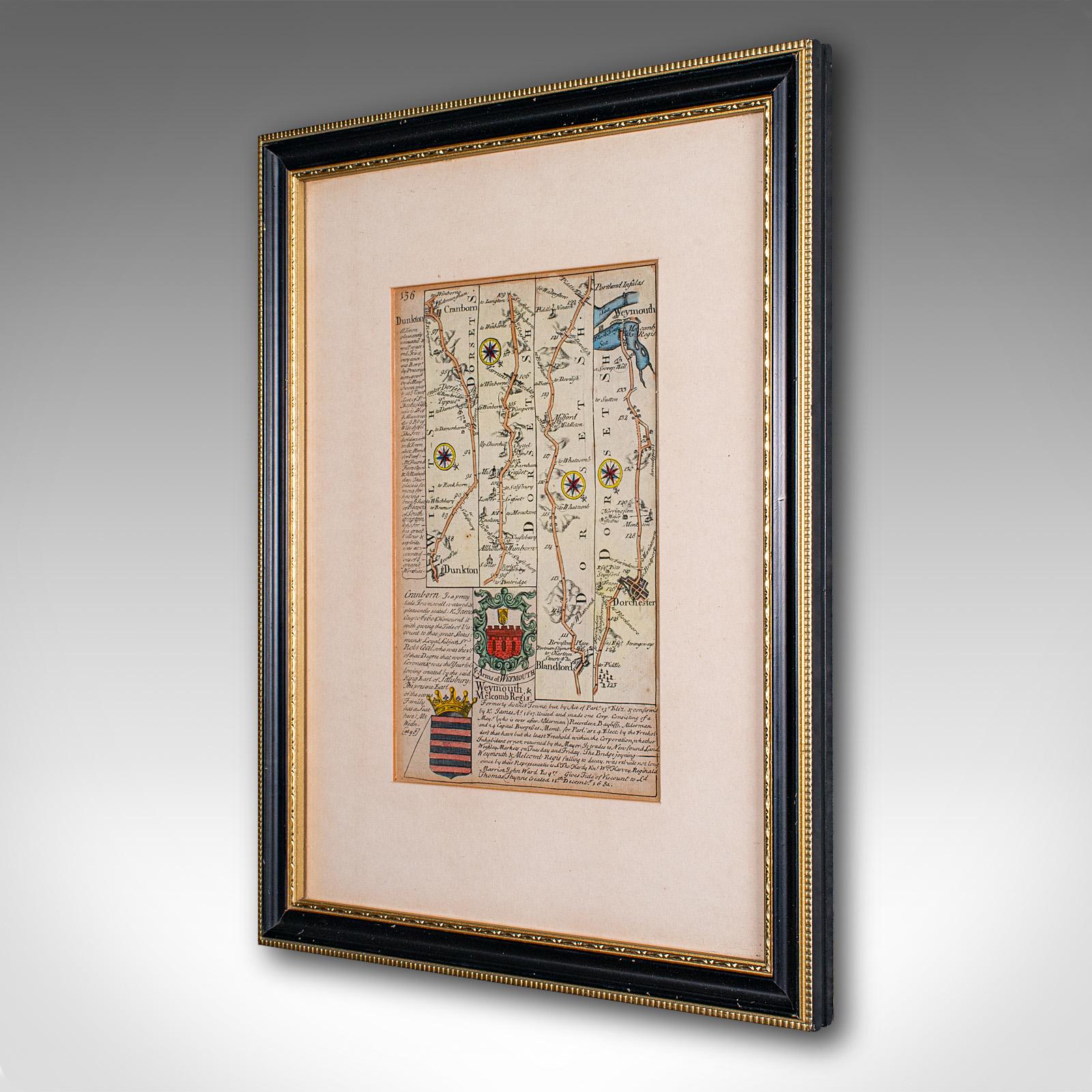 Other Antique Coaching Road Map Cranborne to Dorchester, Framed Cartography, Victorian For Sale