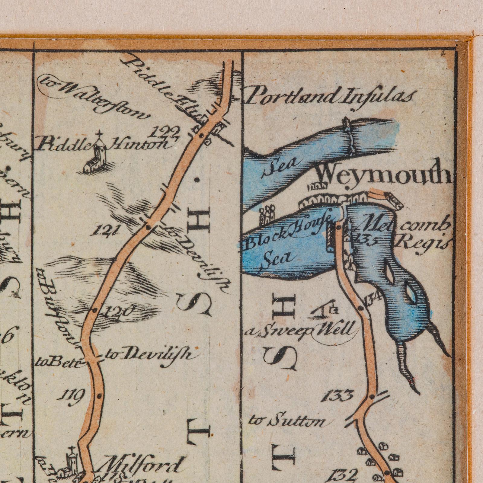 Glass Antique Coaching Road Map Cranborne to Dorchester, Framed Cartography, Victorian For Sale