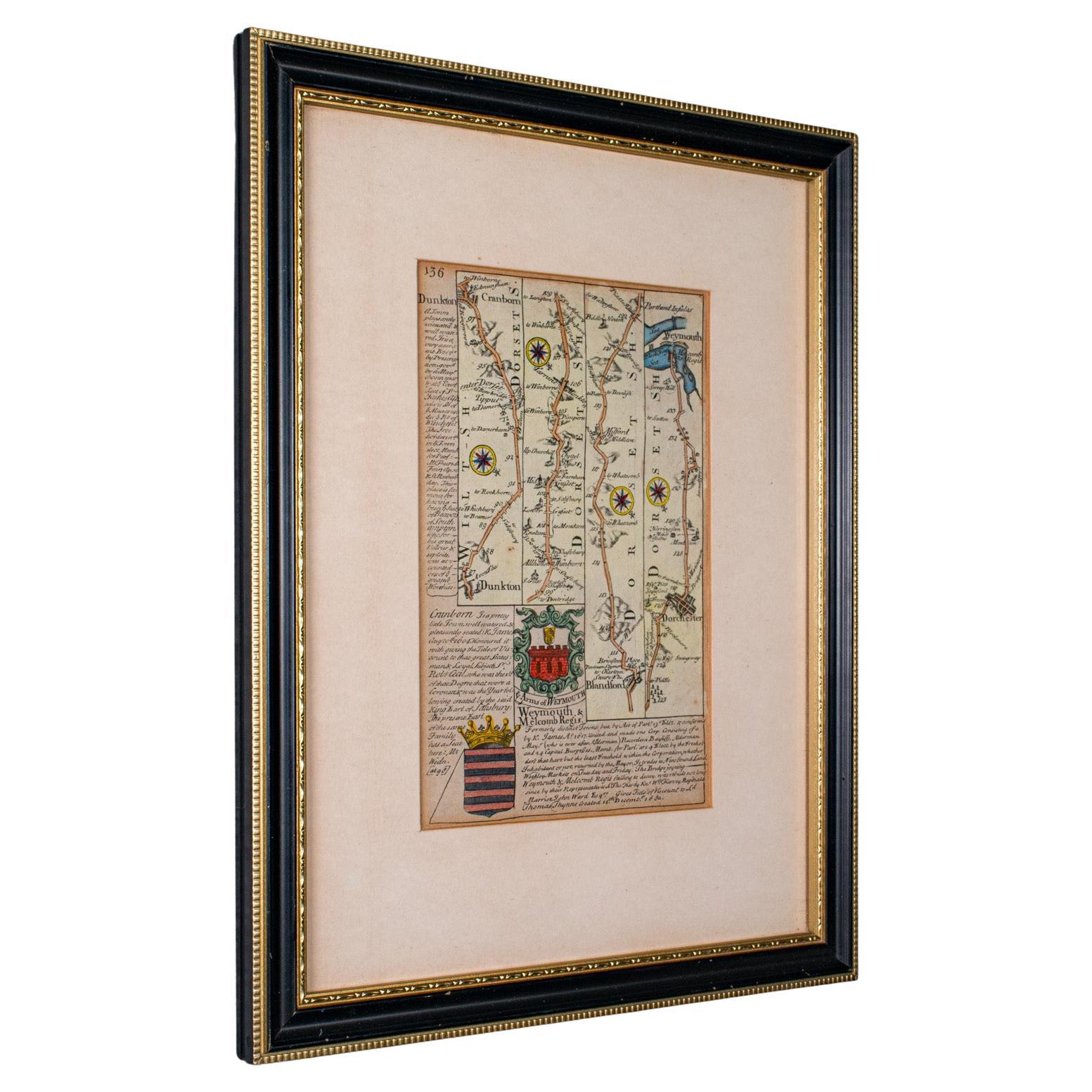 Antique Coaching Road Map Cranborne to Dorchester, Framed Cartography, Victorian