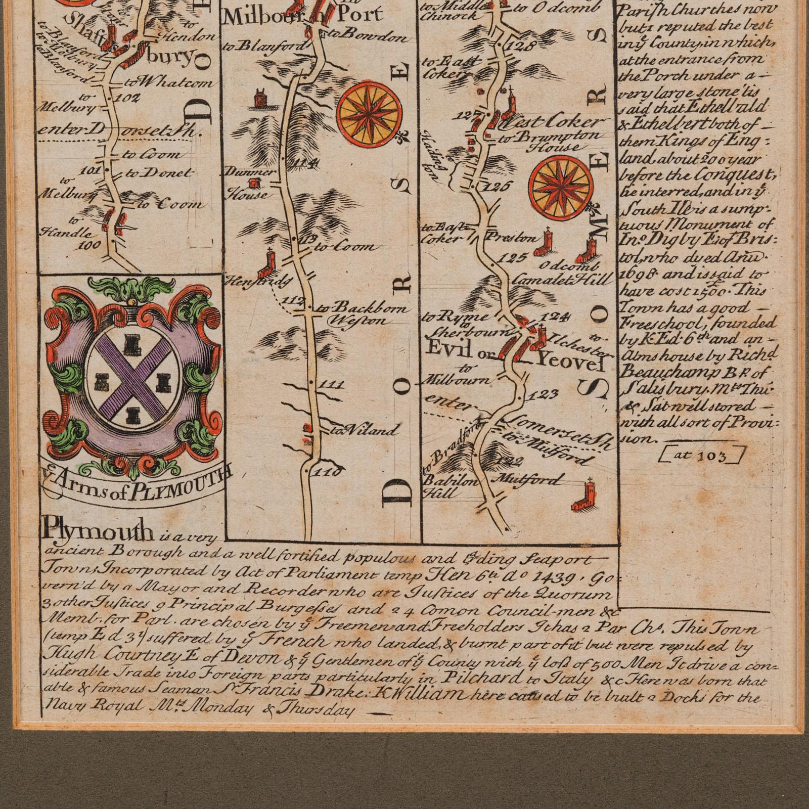 18th Century Antique Coaching Road Map, Devon, English, Regional Cartography, Georgian, 1720 For Sale