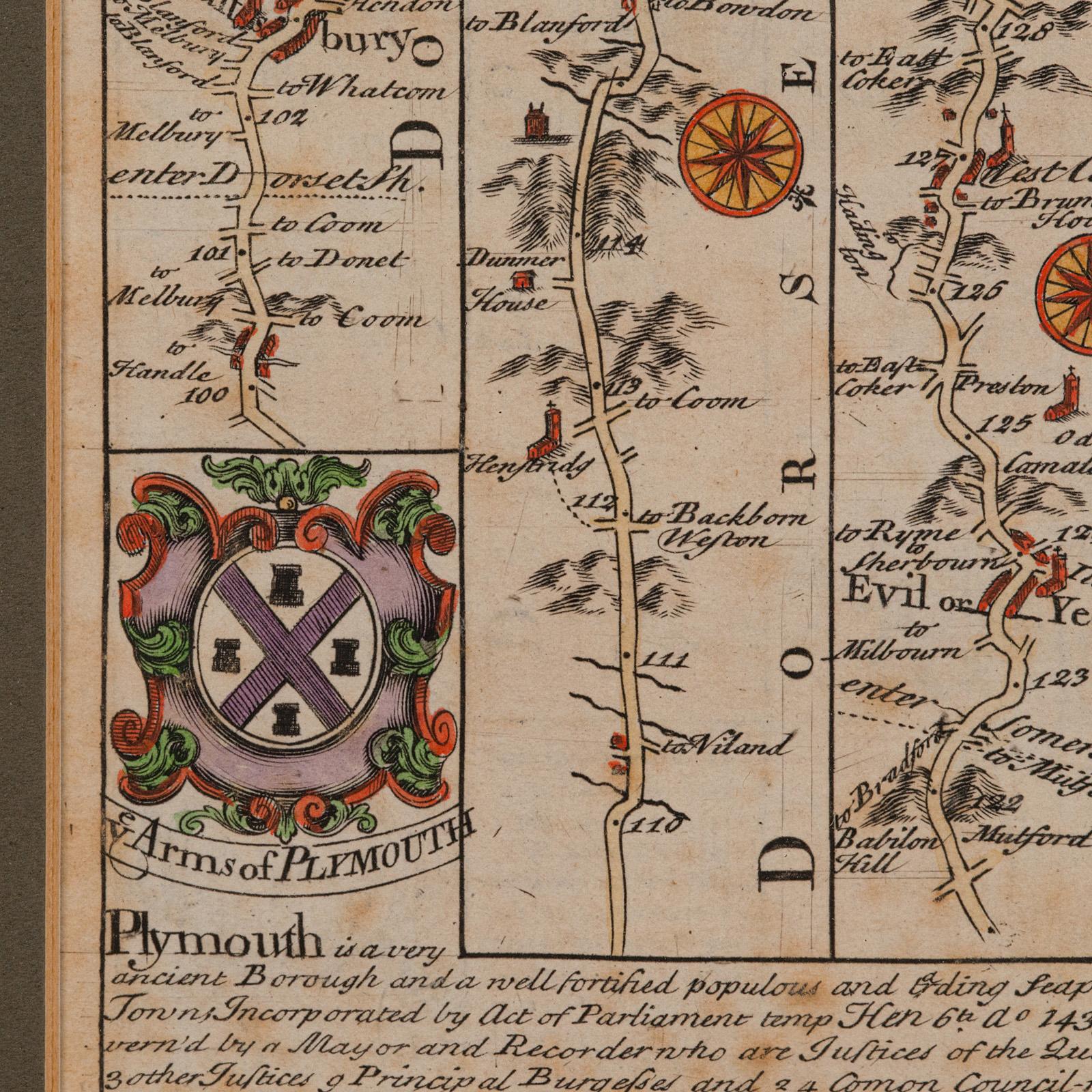 Antique Coaching Road Map, Devon, English, Regional Cartography, Georgian, 1720 For Sale 2
