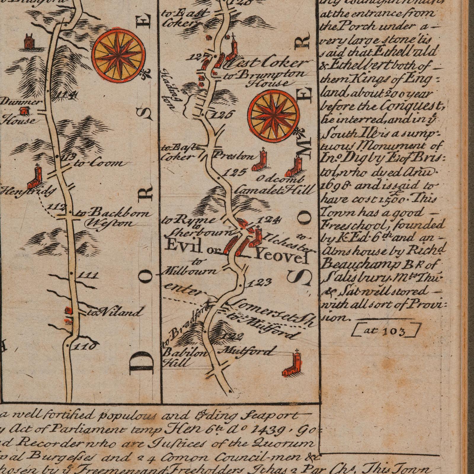 Antique Coaching Road Map, Devon, English, Regional Cartography, Georgian, 1720 For Sale 3