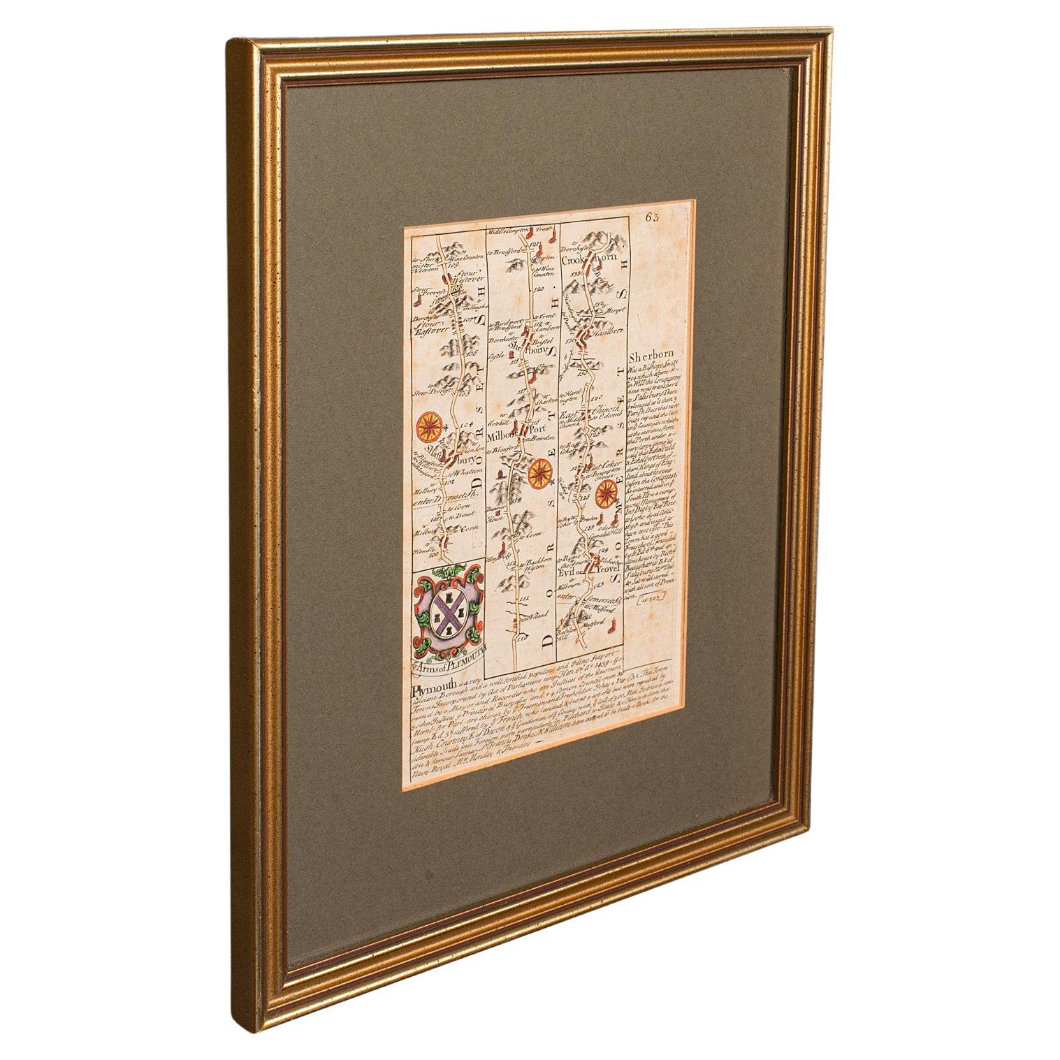 Antique Coaching Road Map, Devon, English, Regional Cartography, Georgian, 1720 For Sale