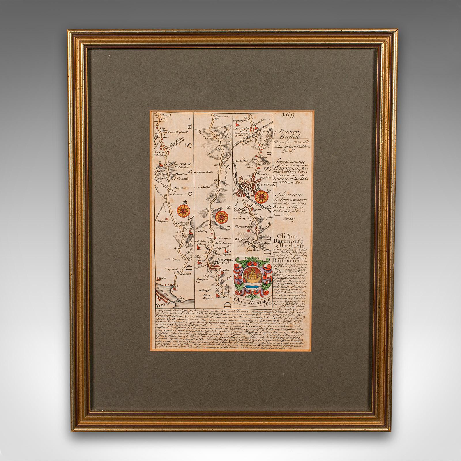 This is an antique coach road map of South Devon. An English, framed lithograph engraving of regional interest, dating to the early 18th century and later.

Delightful early 18th century highway cartography of Dartmouth to Exeter
Displays a
