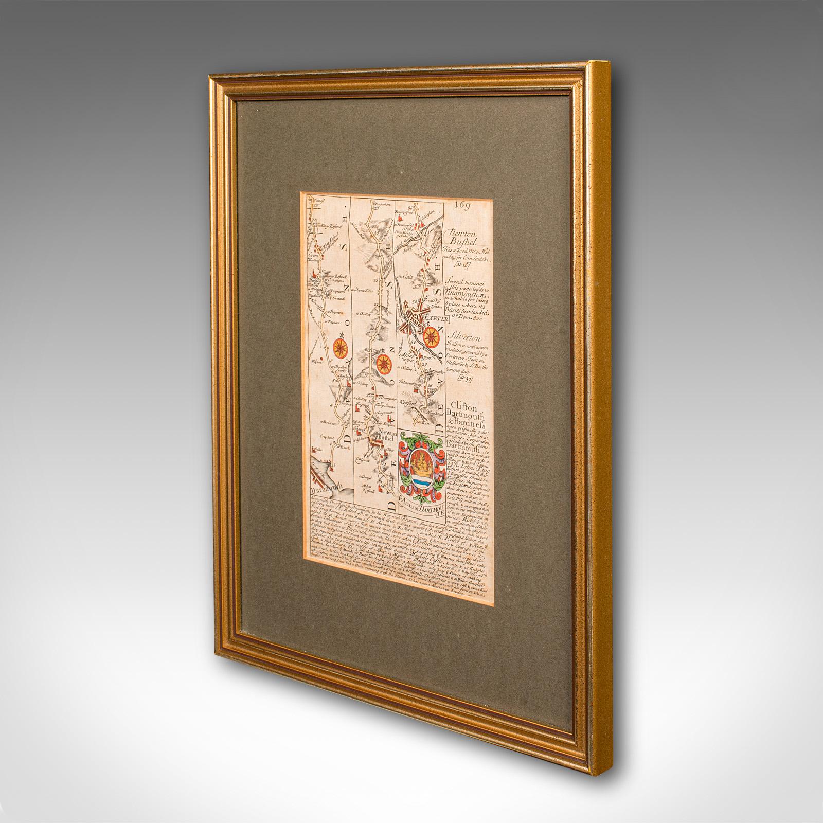 British Antique Coaching Road Map, South Devon, English, Framed, Cartography, Georgian For Sale