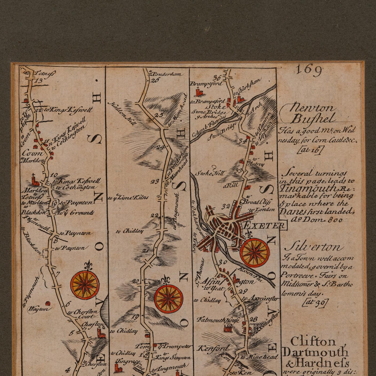 Antike Coaching- Road Map, South Devon, Englisch, gerahmt, Cartography, georgianisch (Britisch) im Angebot