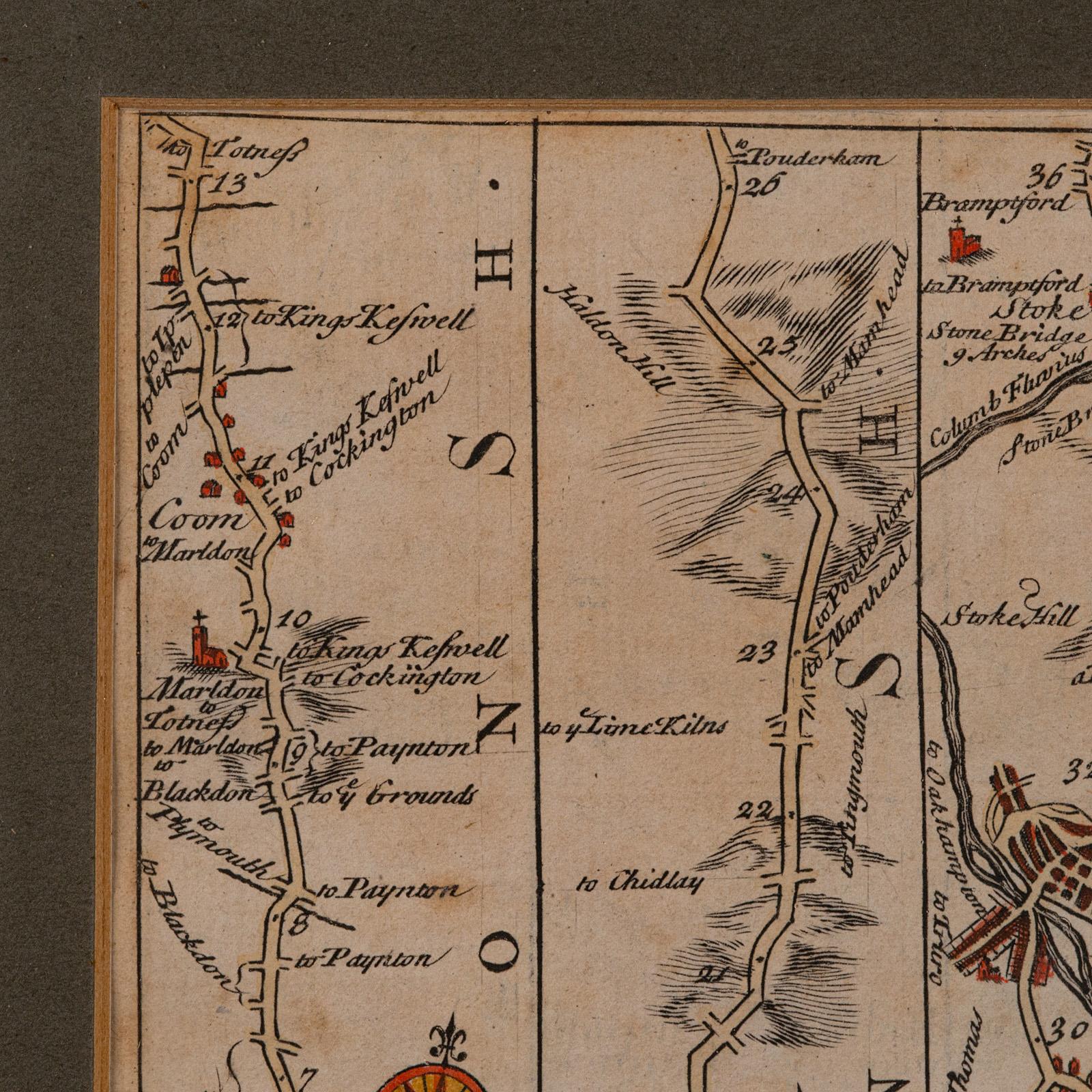 XVIIIe siècle Carte de route ancienne, South Devon, anglaise, encadrée, cartographie géorgienne en vente