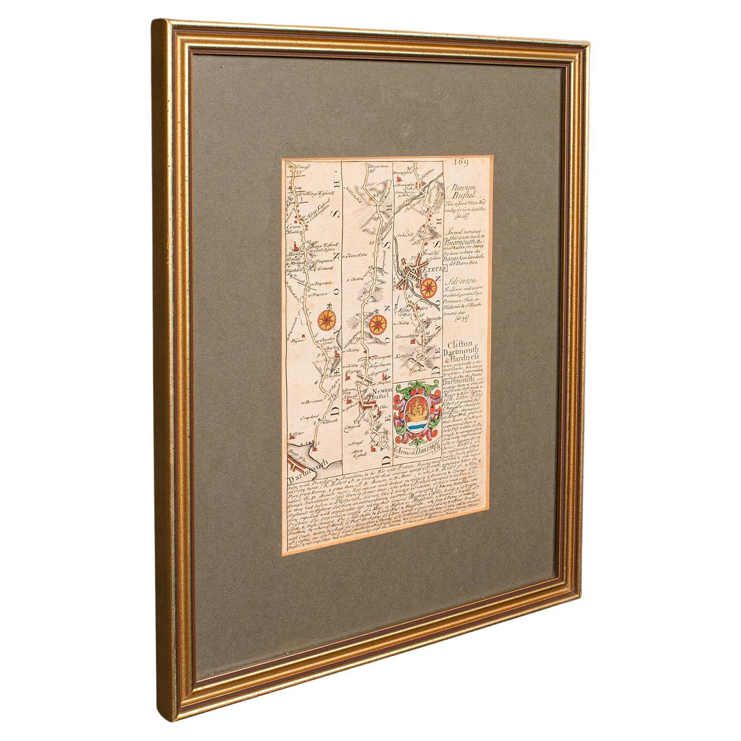 Antique Coaching Road Map, South Devon, English, Framed, Cartography, Georgian For Sale