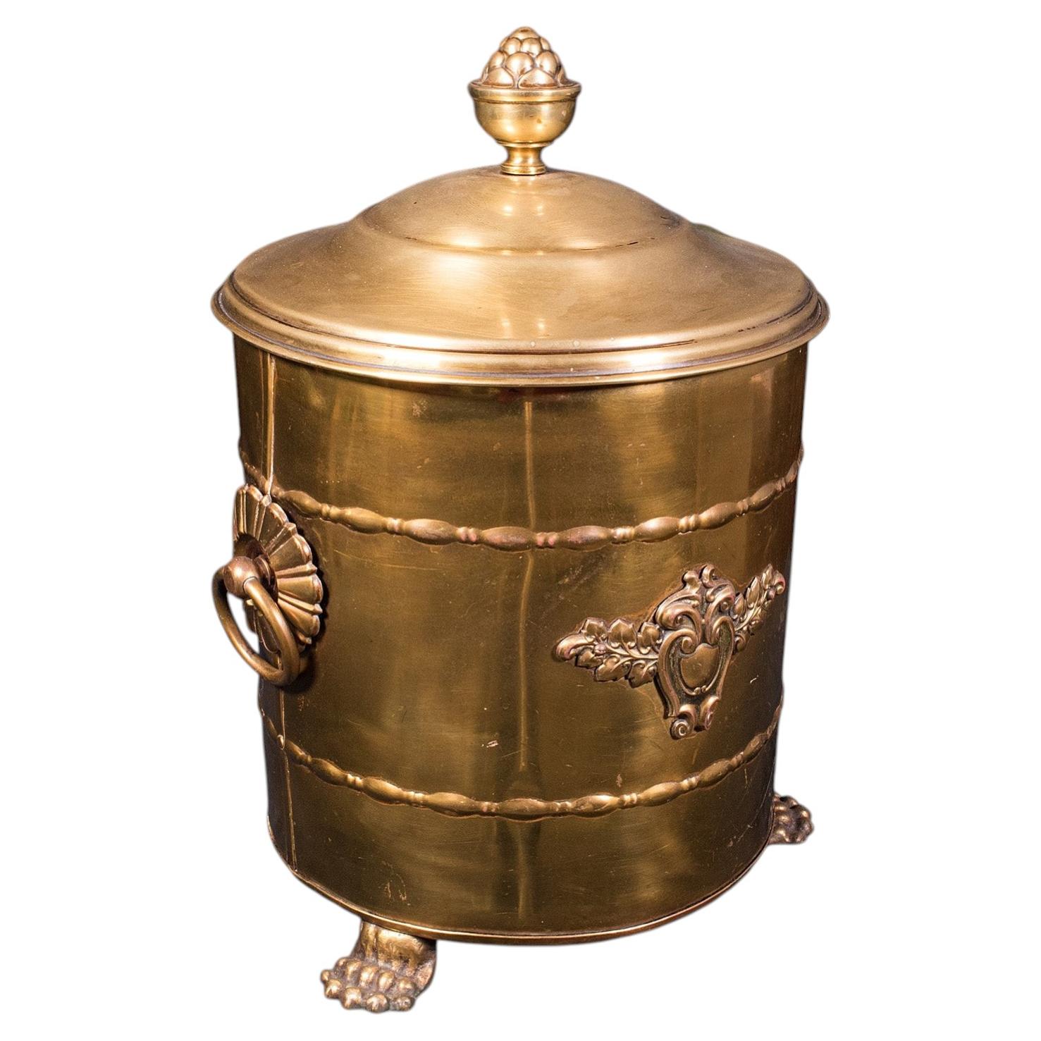 Antique Coal Bin, English, Brass, Fireside Log Store, Kindling Basket, Edwardian For Sale