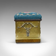 Antique Coal Bin Stool, Victorian, Brass, Fireside, Box, Needlepoint, circa 1880