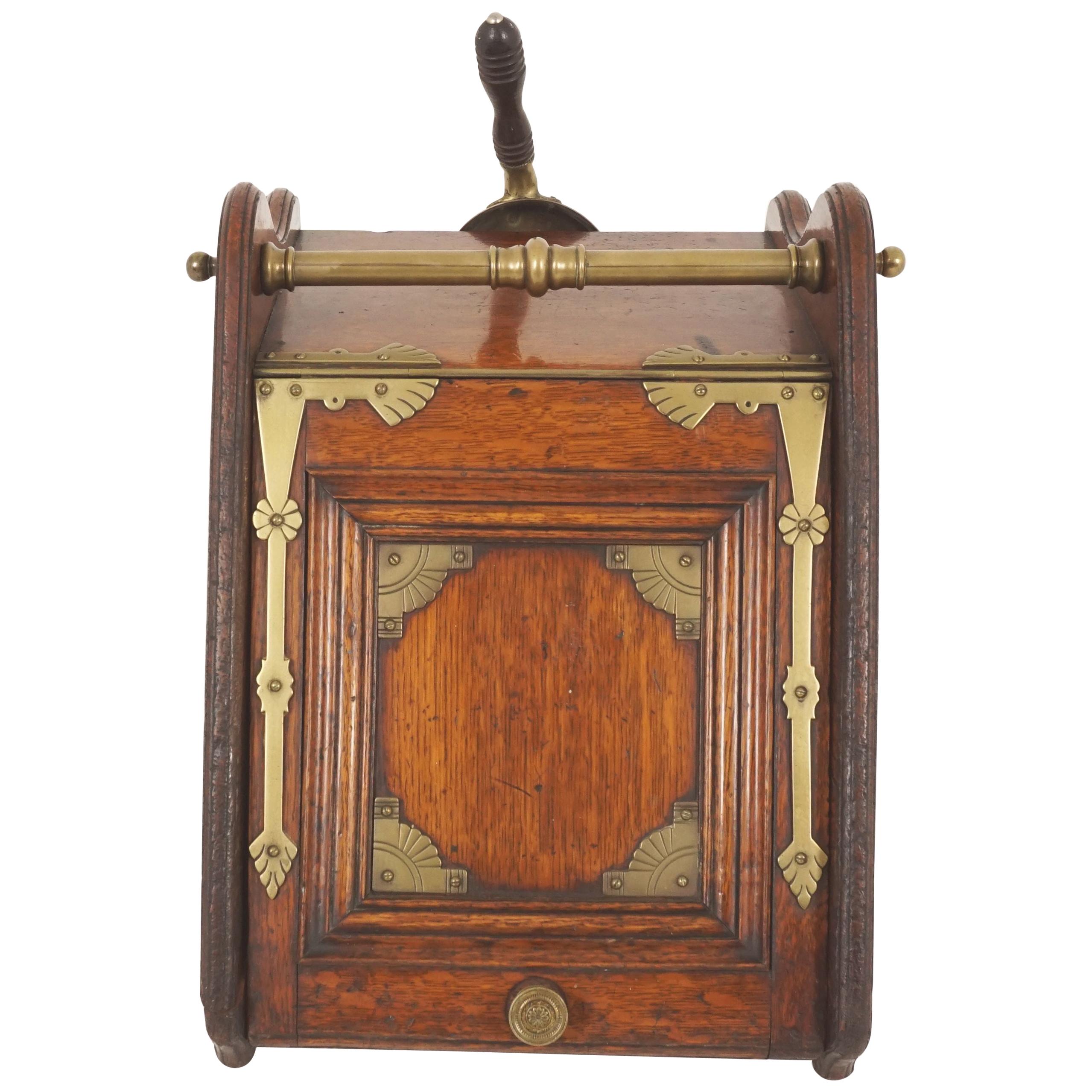 Antique Coal Box, Hod, Oak and Brass, Shovel, Metal Liner, Scotland, 1890, H139 For Sale