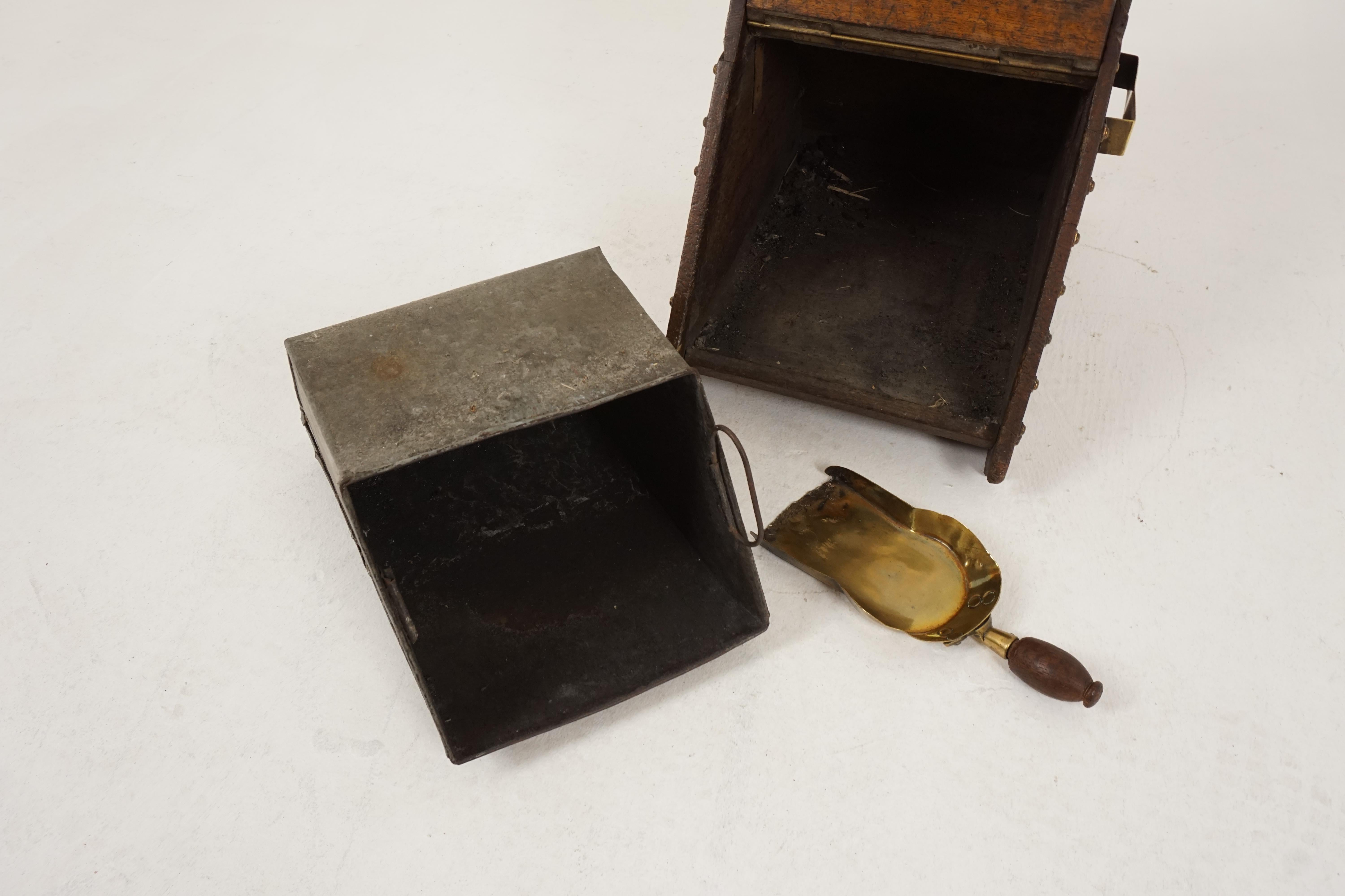 Scottish Antique Coal Box, Oak and Brass, Shovel and Metal Liner, Scotland 1890, H137 For Sale