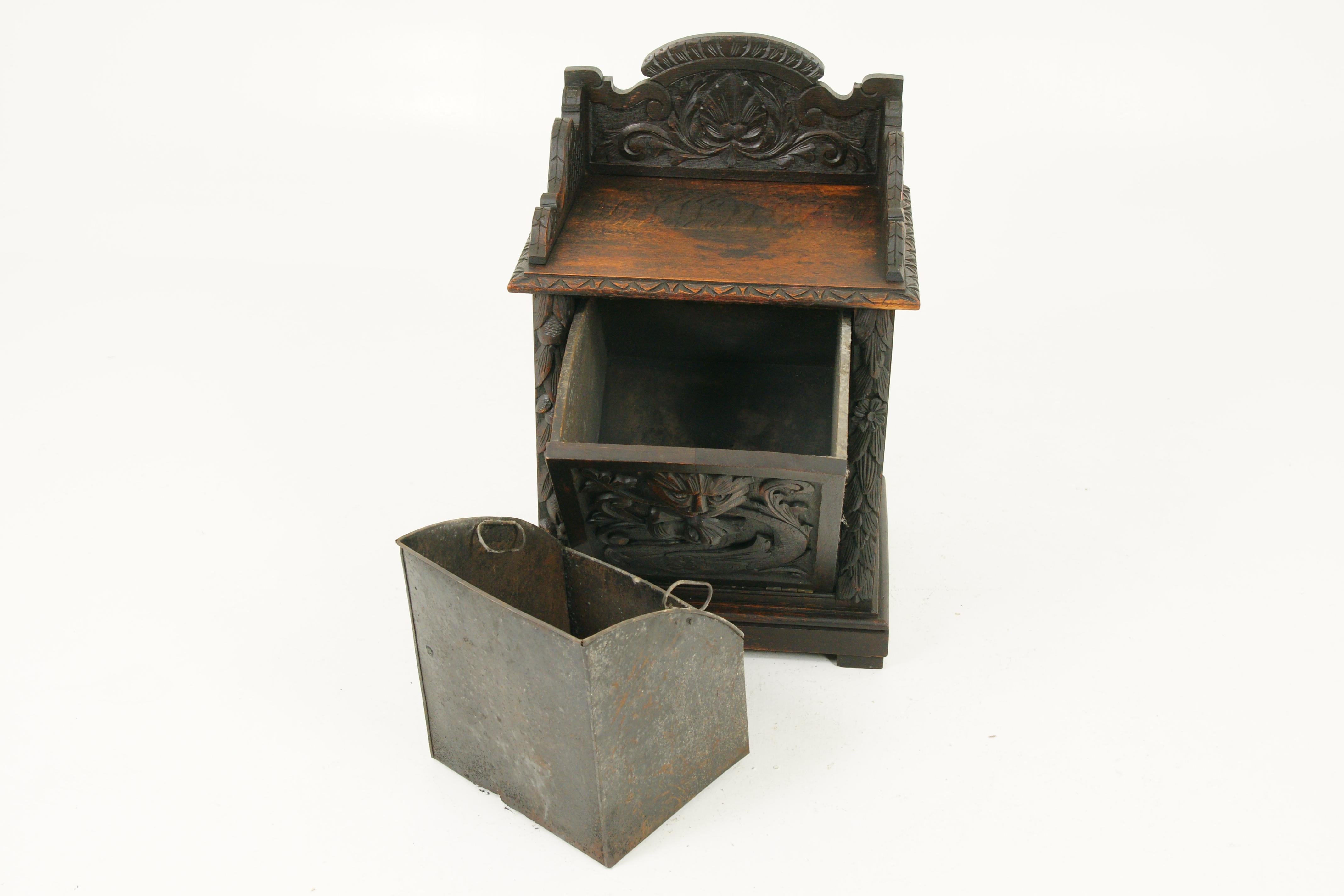 Victorian Antique Coal Hod, Coal Box, Carved Oak, 