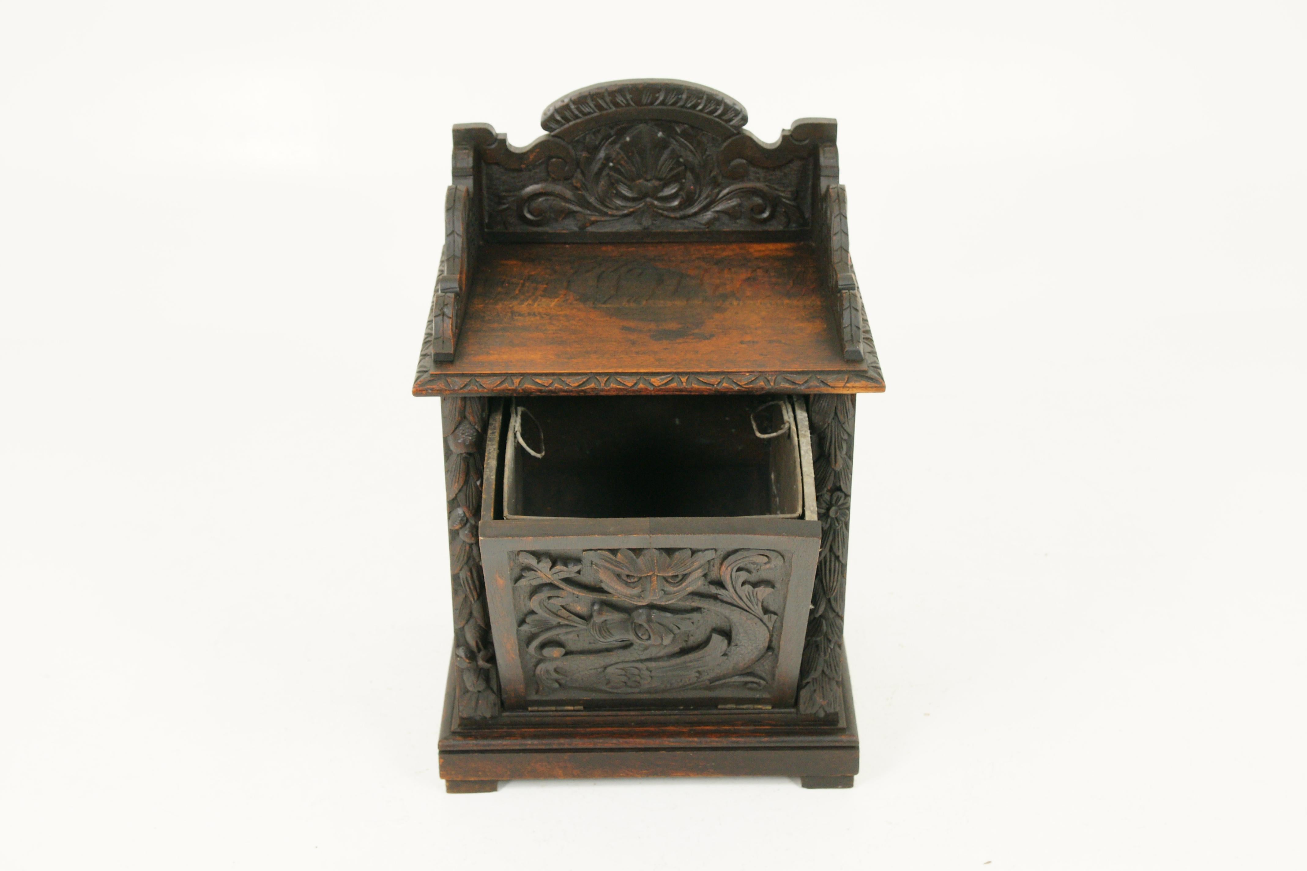 Scottish Antique Coal Hod, Coal Box, Carved Oak, 