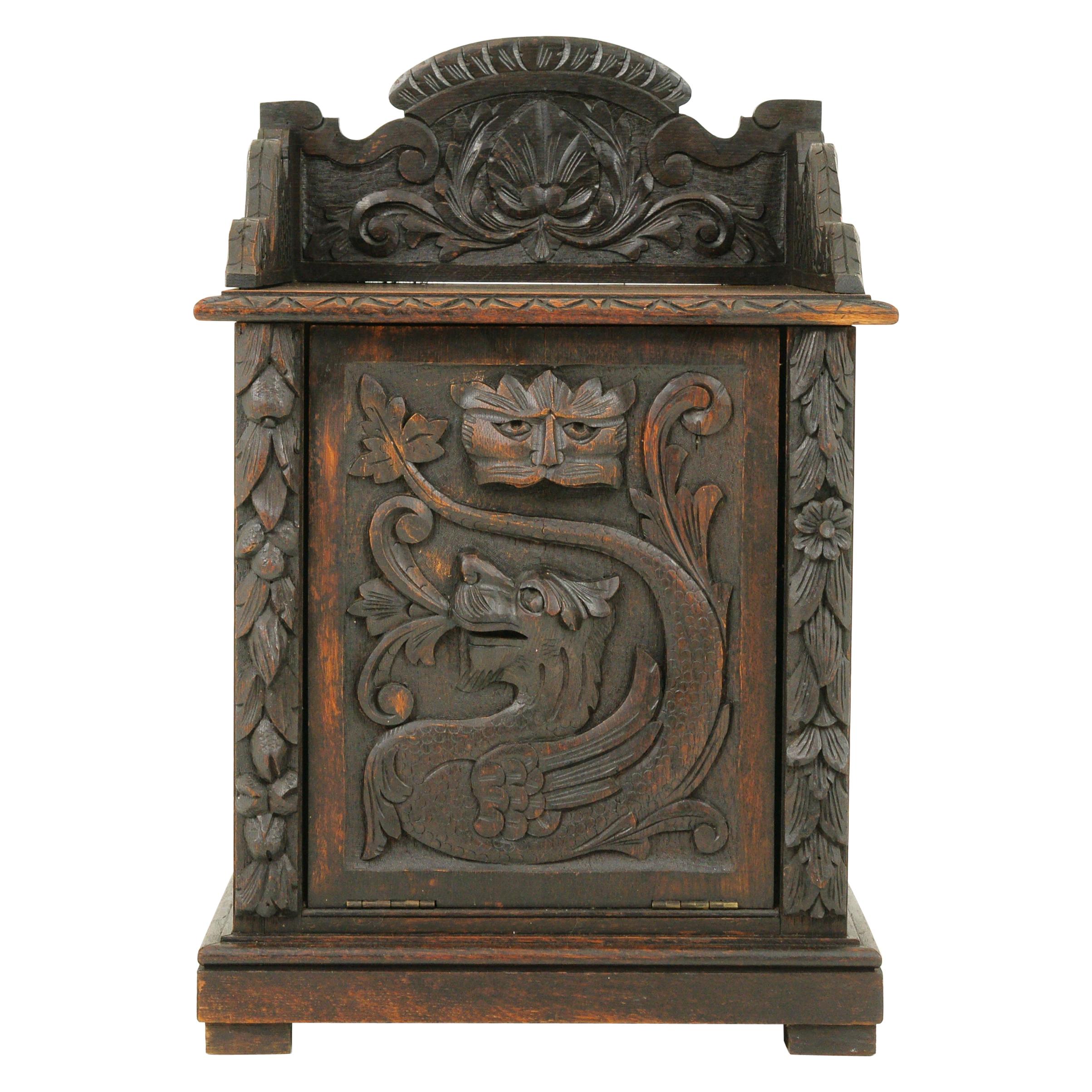 Antique Coal Hod, Coal Box, Carved Oak, "Green Man" Motif, Scotland