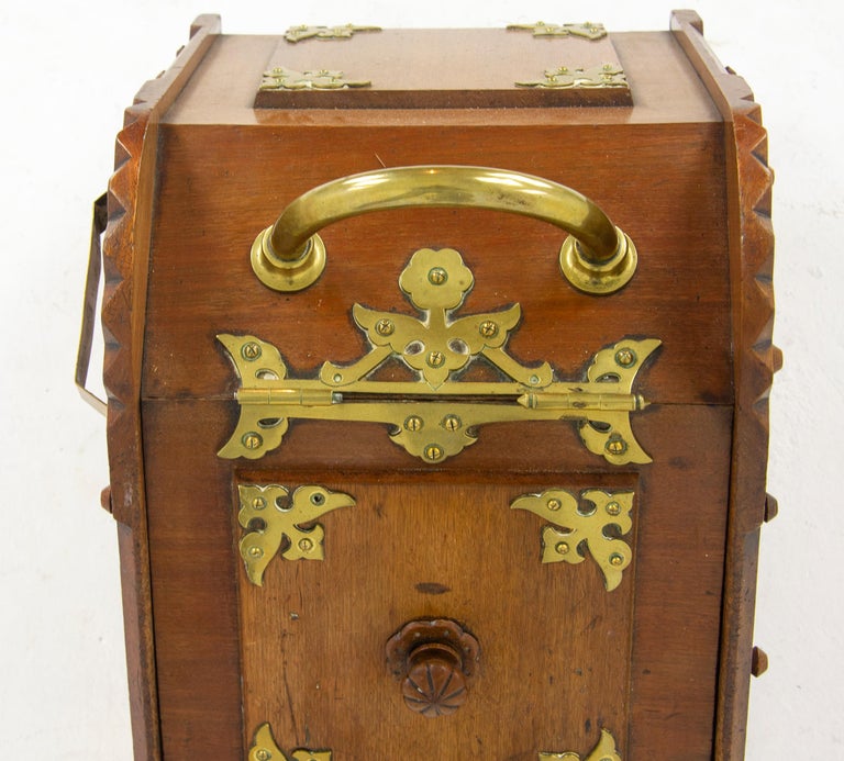 Antique Coal Hod, Walnut Coal Box, Coal Scuttle, Brass, Scotland 1880