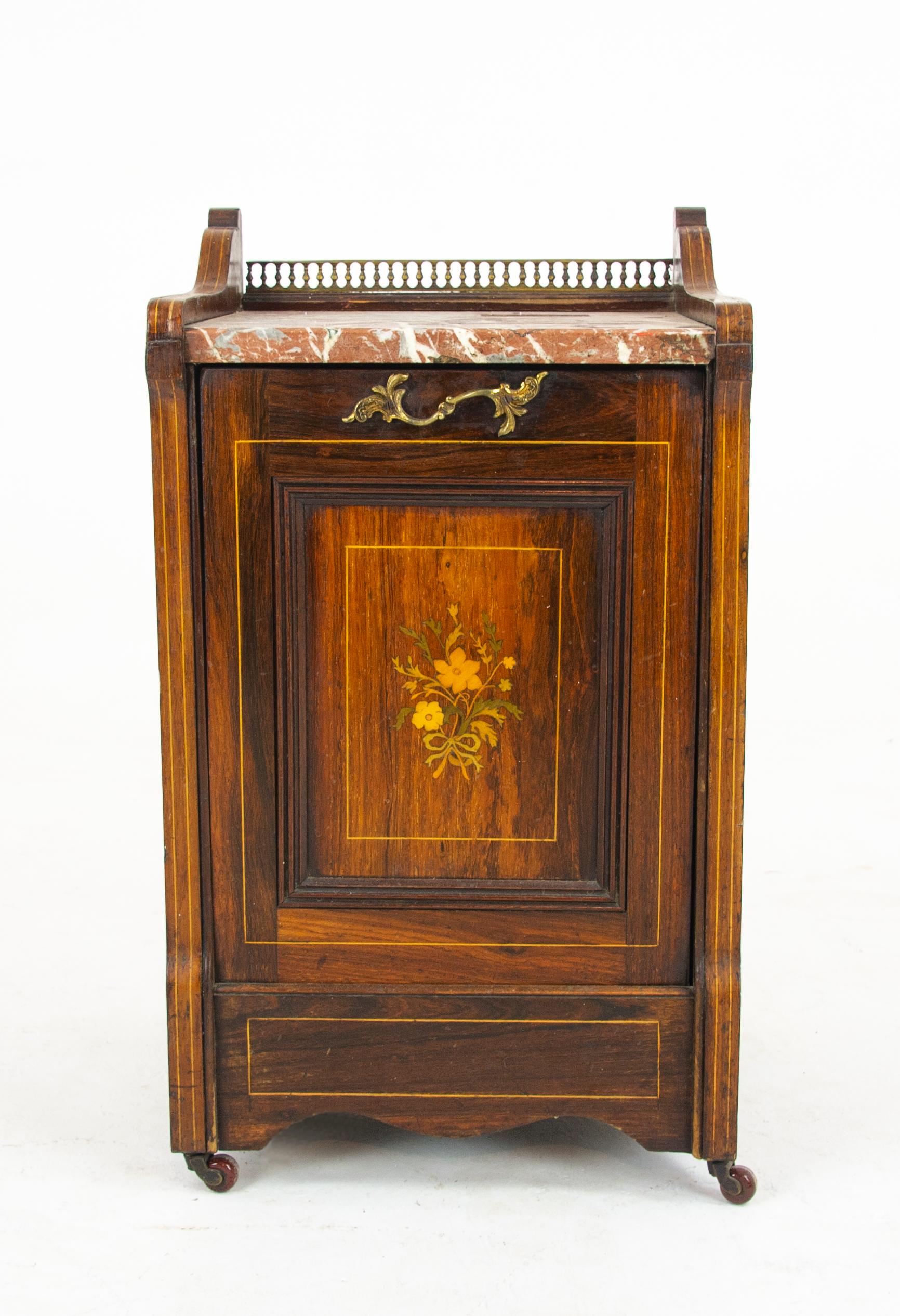 Antique coal Hod, walnut coal box, coal scuttle, marble, Scotland 1880, Antique Furniture, B1262

Scotland, 1880
Brass gallery along the back
Rouge marble-top
Fine satinwood inlay on sides
Original brass handles on sides
Metal liner and