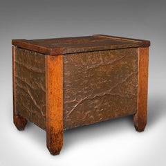 Antique Coal Keeper, English, Copper, Oak, Fireside, Store, Log Bin, Edwardian