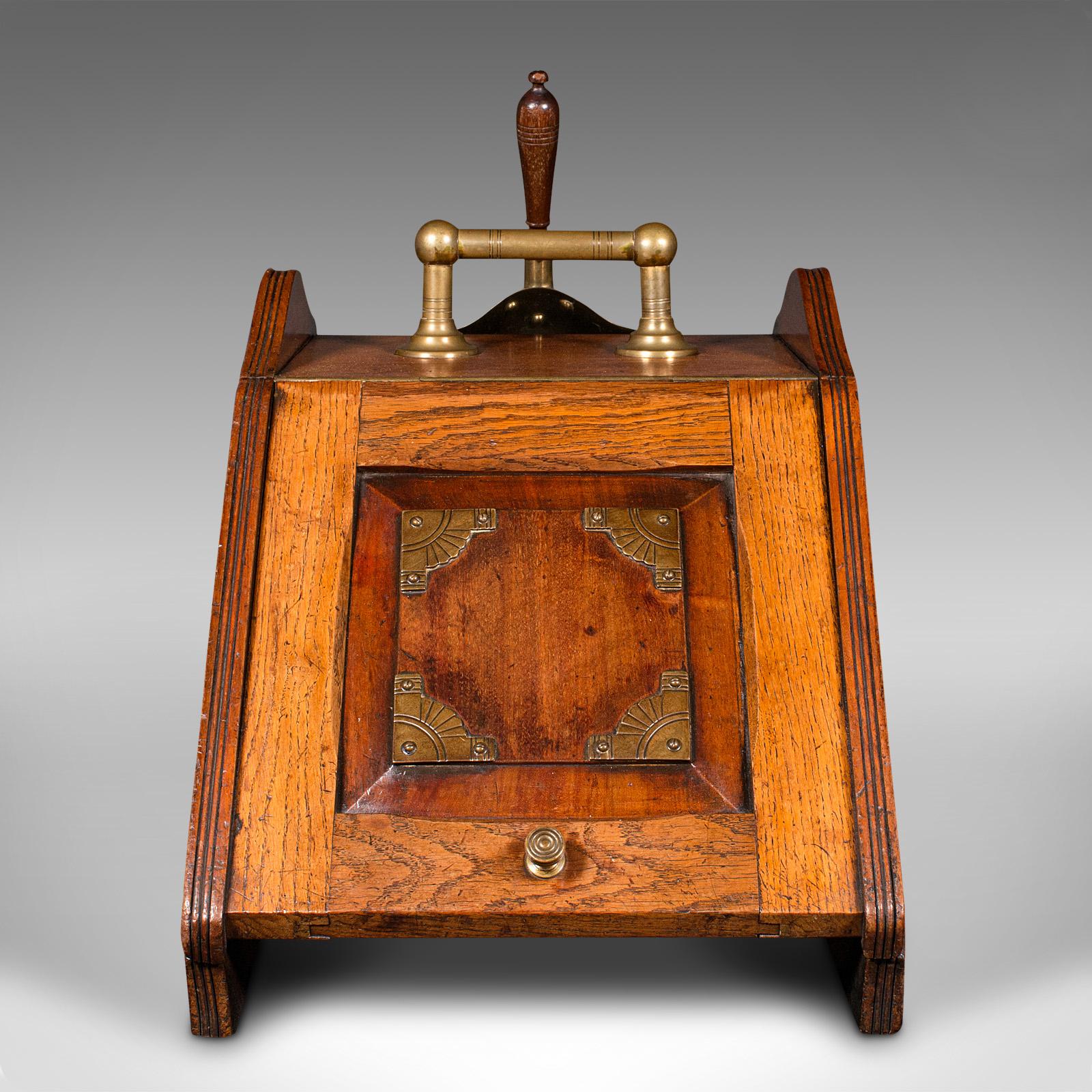 Late Victorian Antique Coal Purdonium, English, Oak, Fireside, Arts and Crafts, Victorian, 1890 For Sale