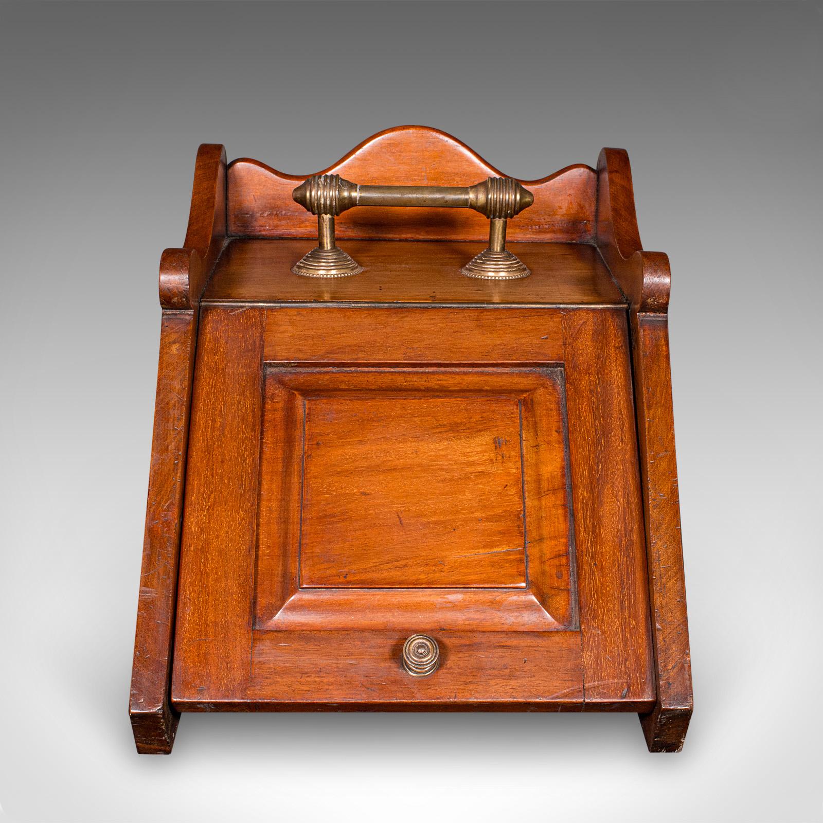 British Antique Coal Purdonium, English, Walnut, Brass, Fireside Fuel Keep, Victorian For Sale